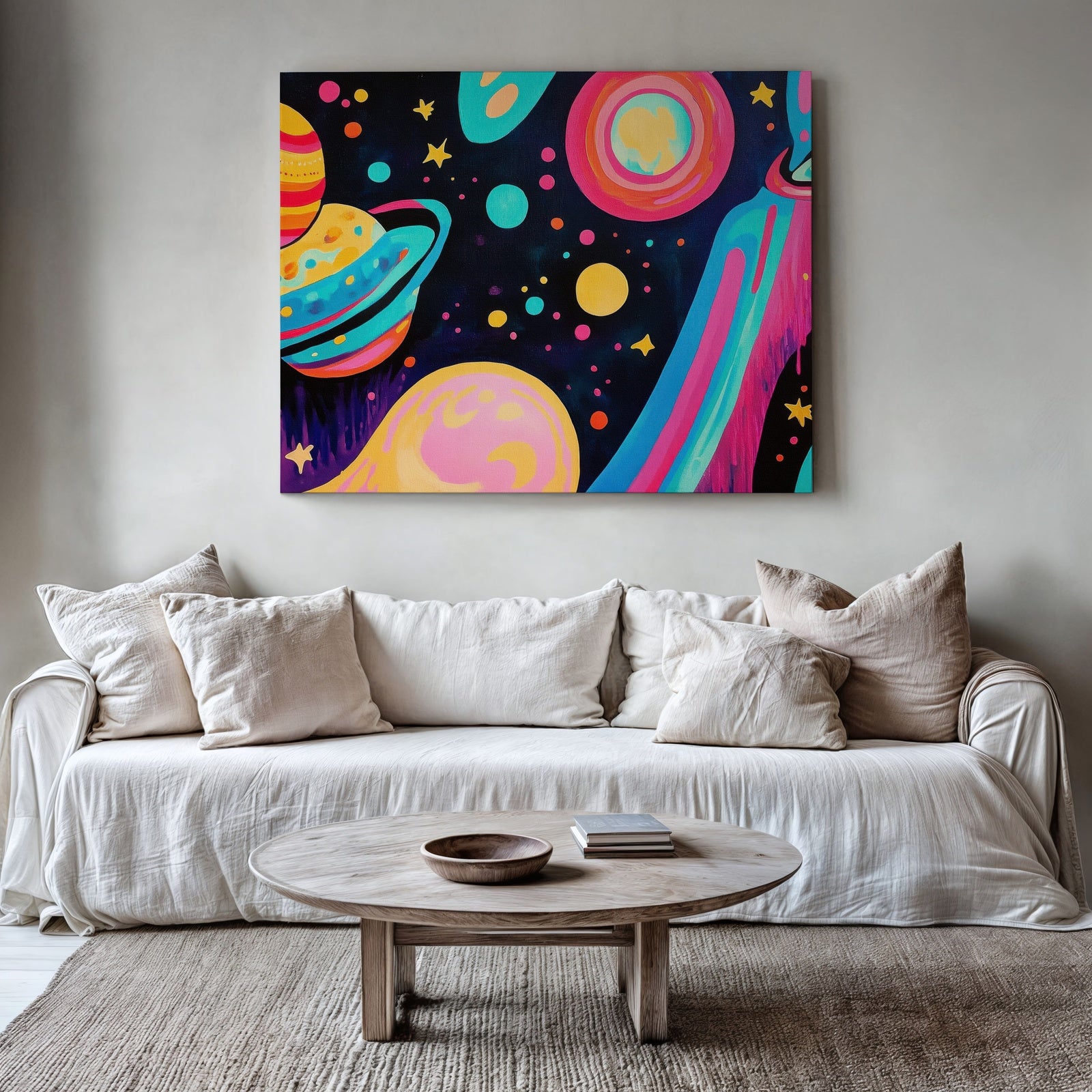 Colorful pop art space-themed printable wall art displayed above a neutral modern sofa, featuring bright planets and stars in bold neon tones