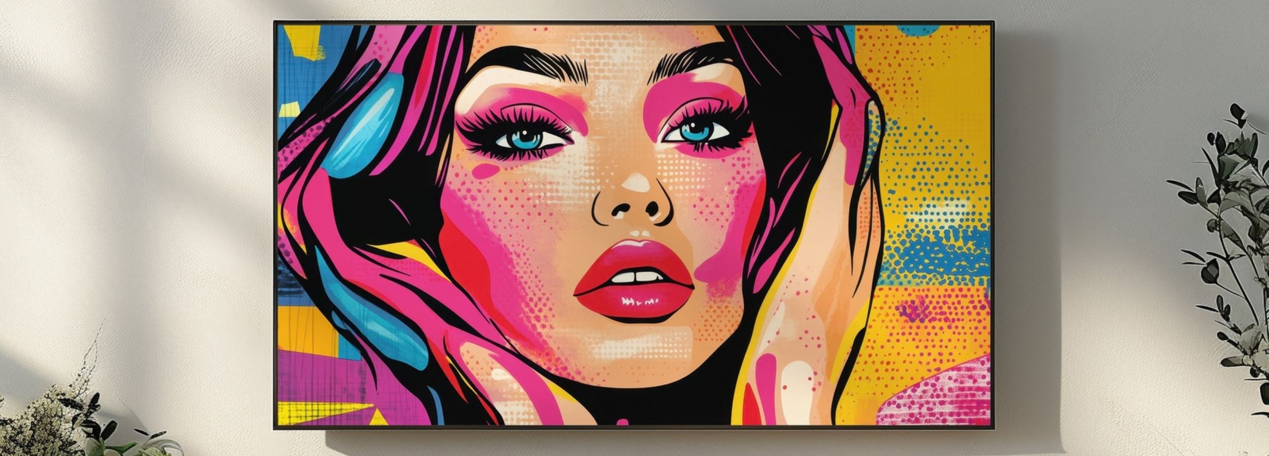 Vibrant Pop Art Frame TV artwork featuring a modern colorful female portrait for bold, contemporary home decor