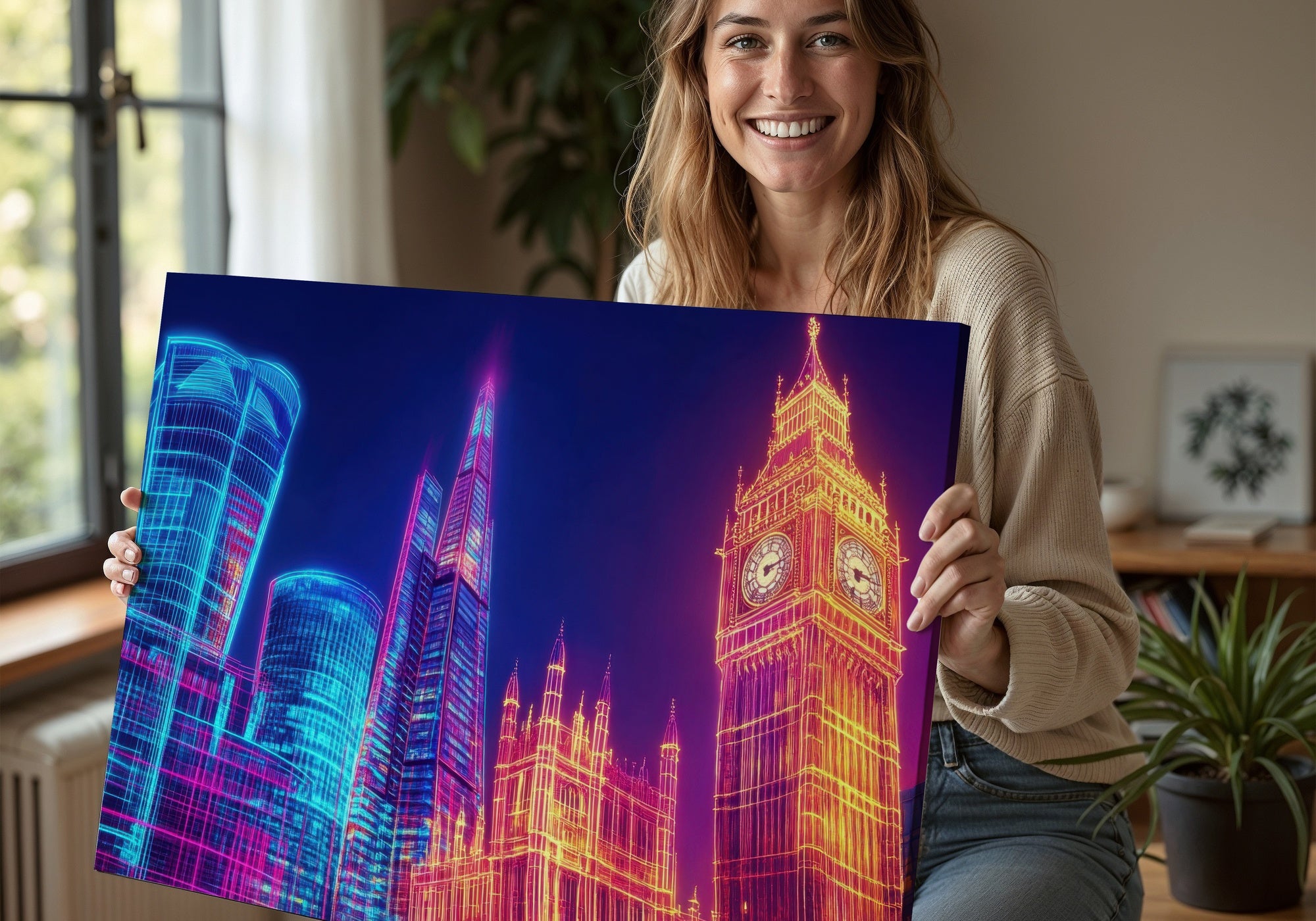 Pop Art printable wall art depicting a vibrant neon cityscape with glowing architectural landmarks in bold pink, blue, and orange tones - a striking digital artwork perfect for modern interiors and creative home decor