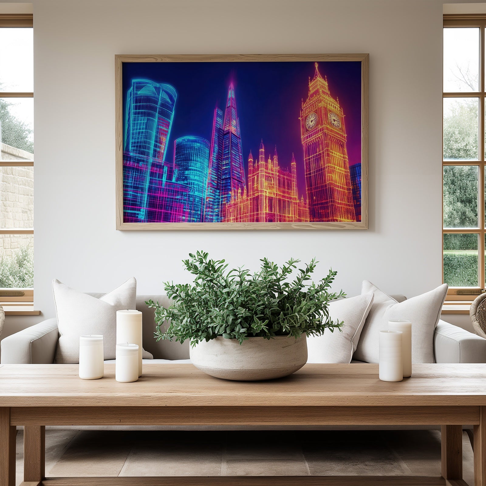 A vibrant pop art cityscape featuring neon outlines of iconic London landmarks, including Big Ben and modern skyscrapers, displayed in a bright, cozy living room. The bold colors and glowing lines create an energetic, contemporary feel, perfect for modern home decor and instant digital wall art downloads