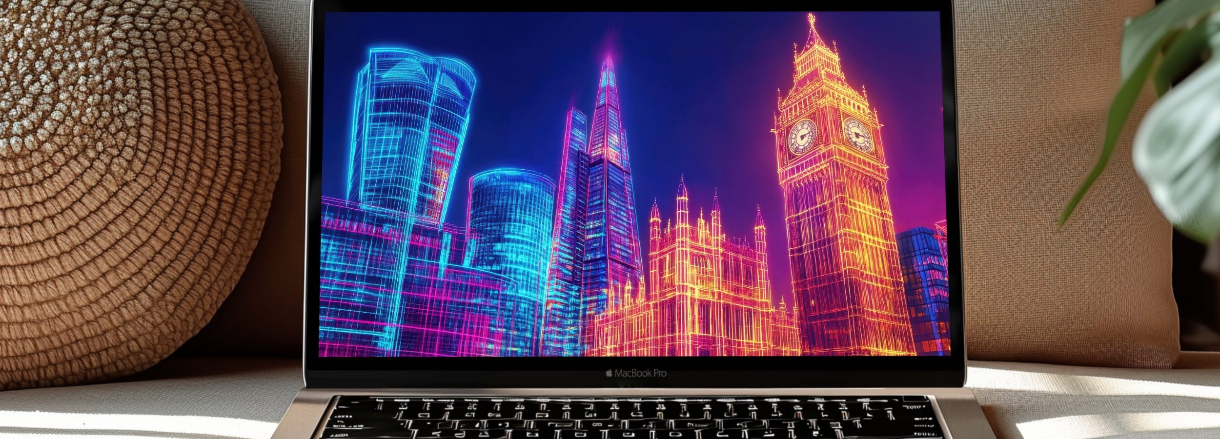 Vibrant Pop Art desktop wallpaper featuring neon outlines of modern city buildings and Big Ben - a bold and energetic design that adds color, creativity, and modern flair to your workspace