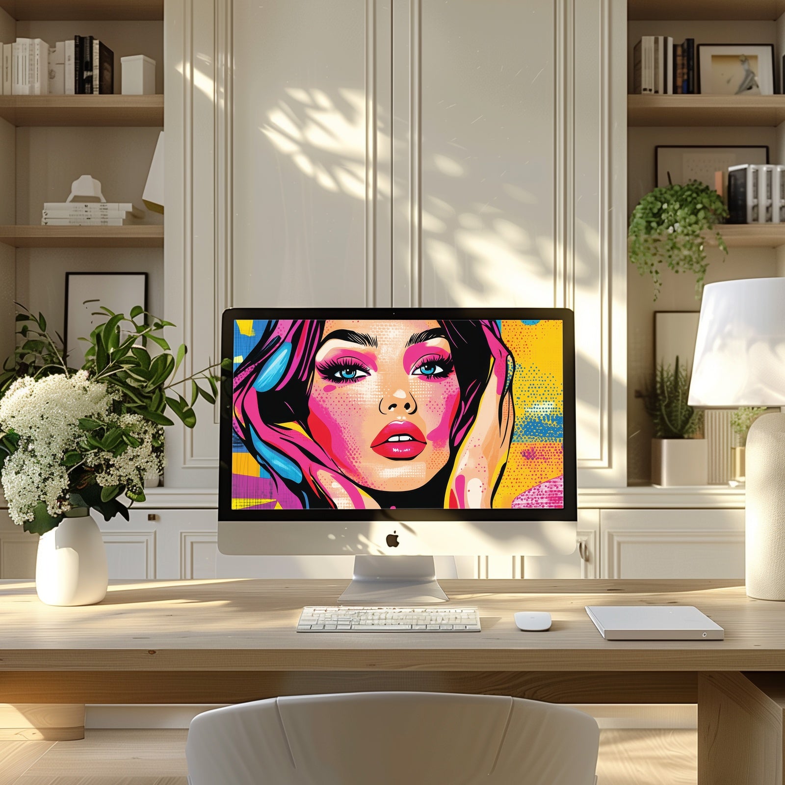 Vibrant Pop Art desktop wallpaper featuring a colorful portrait of a woman in bold tones of pink, yellow, and blue - a striking digital artwork that adds creativity and energy to your workspace