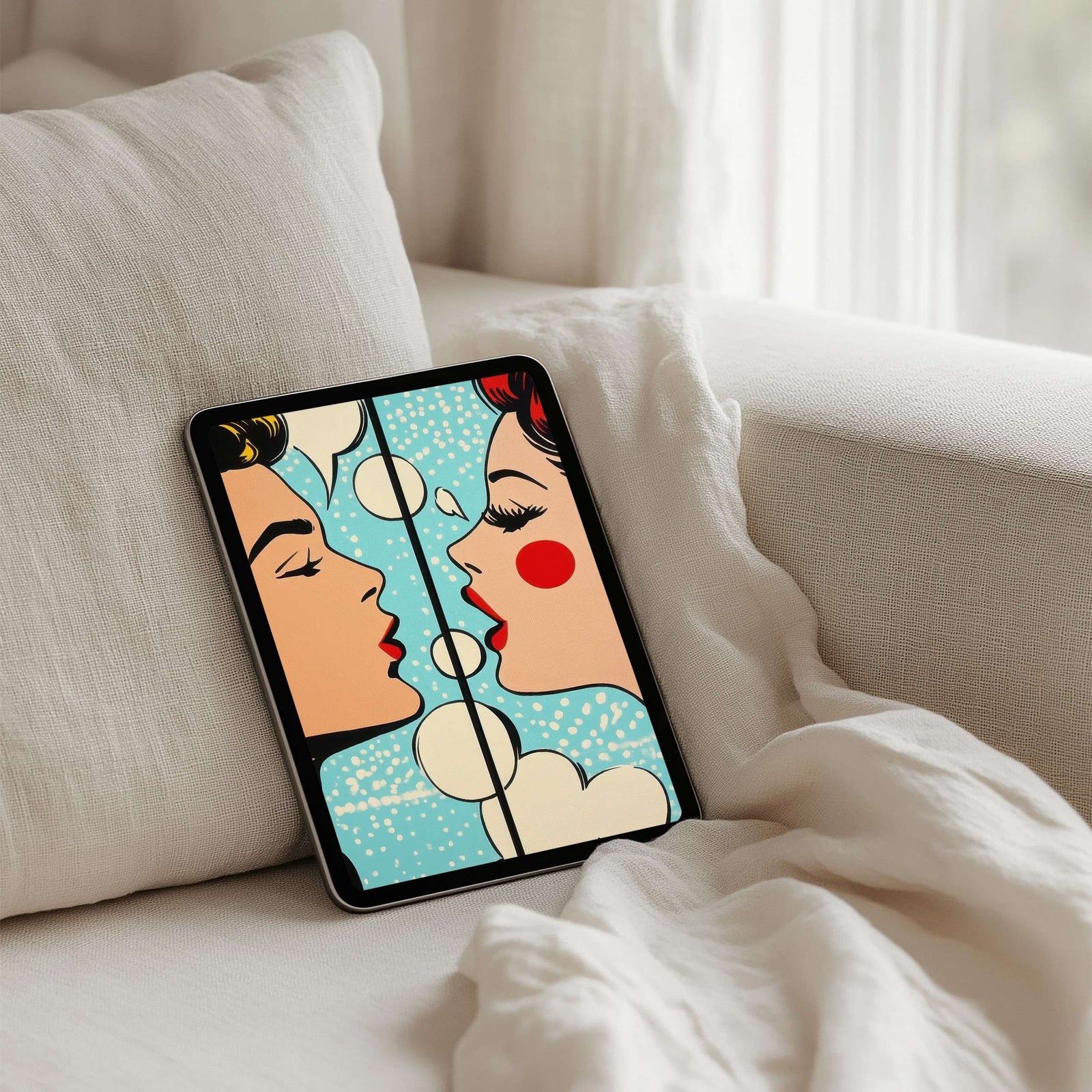 retro pop art iPad wallpaper featuring comic-style romance illustration, vibrant digital background for modern homes and creative lifestyles