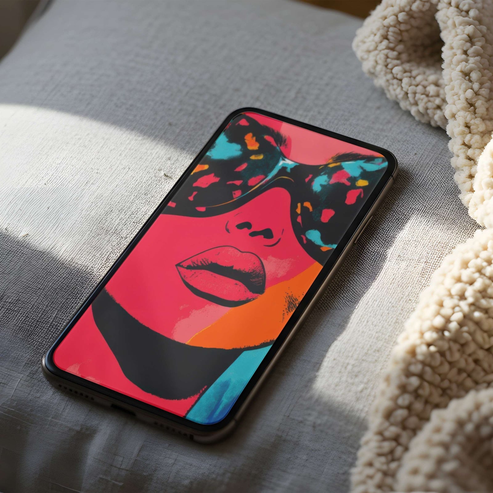 Pop art phone wallpaper featuring a bold fashion-inspired face with vibrant neon colors and artistic graphic style - a striking, modern background for a confident and stylish home screen