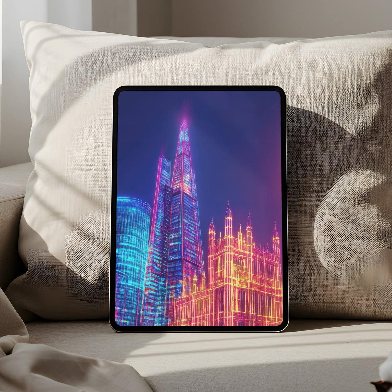 Pop art iPad wallpaper featuring neon city buildings in vibrant pink, blue, and yellow tones, modern digital tablet background that adds bold color and artistic energy to your screen