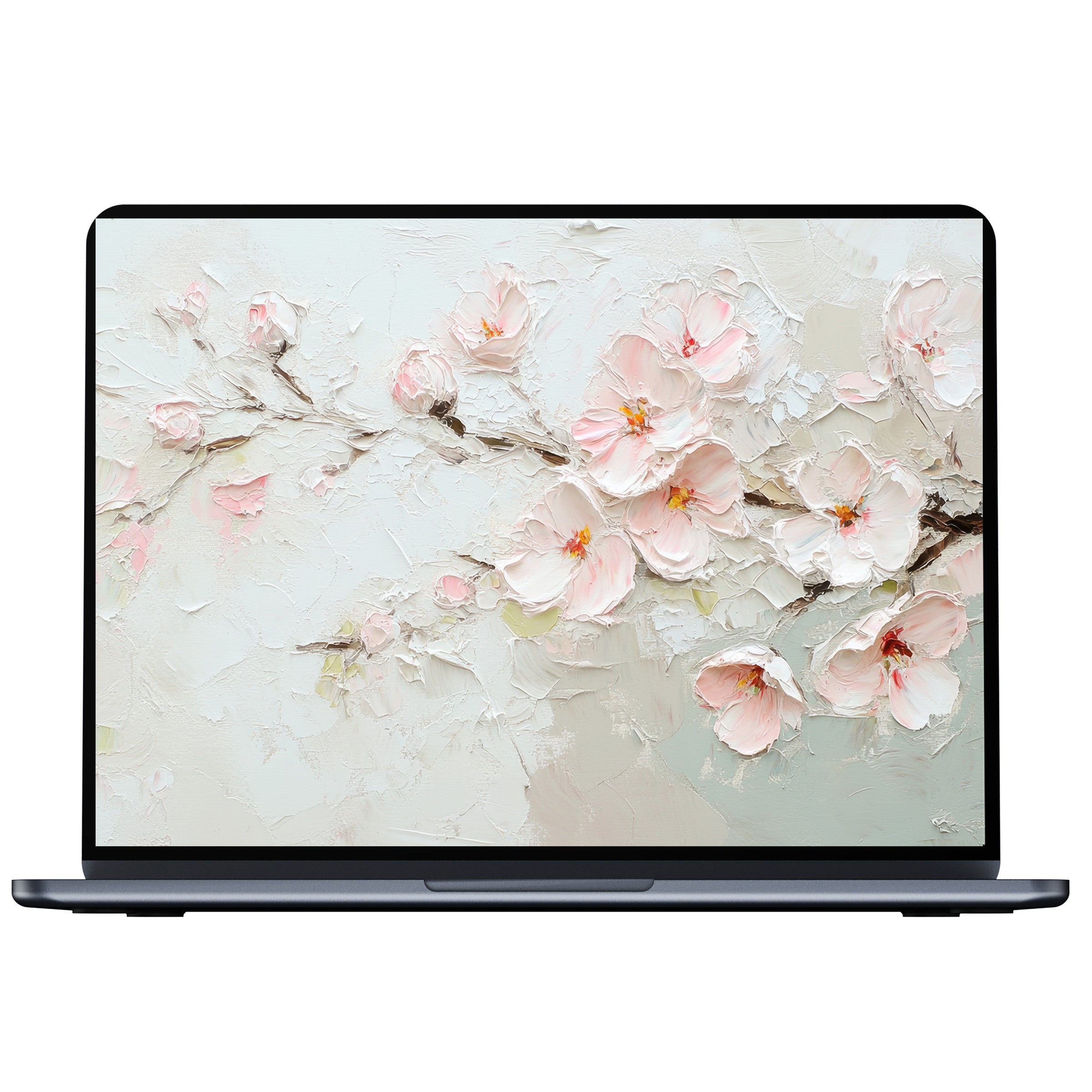 Elegant spring desktop wallpaper featuring textured cherry blossoms in soft pastels, offering calm inspiration for PC and laptop users
