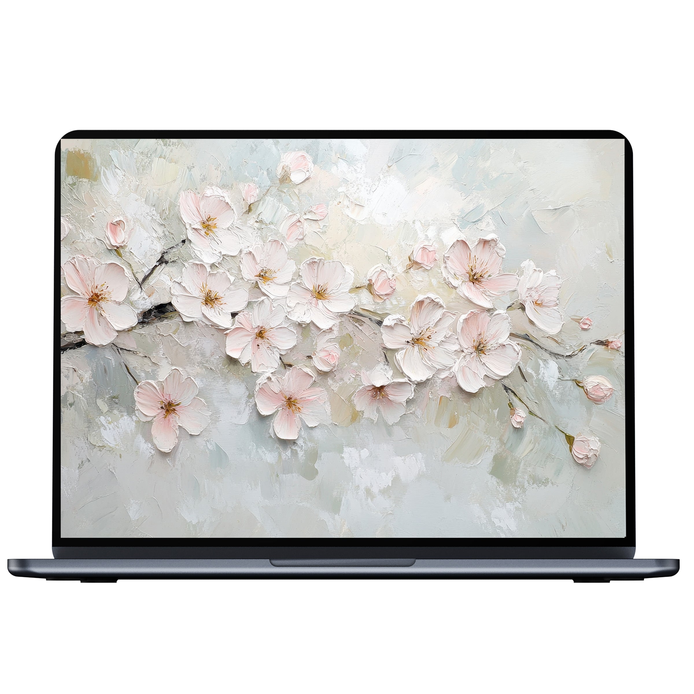 Elegant spring desktop wallpaper digital download featuring soft pink blossoms on textured canvas for PC or laptop enhancing tranquility