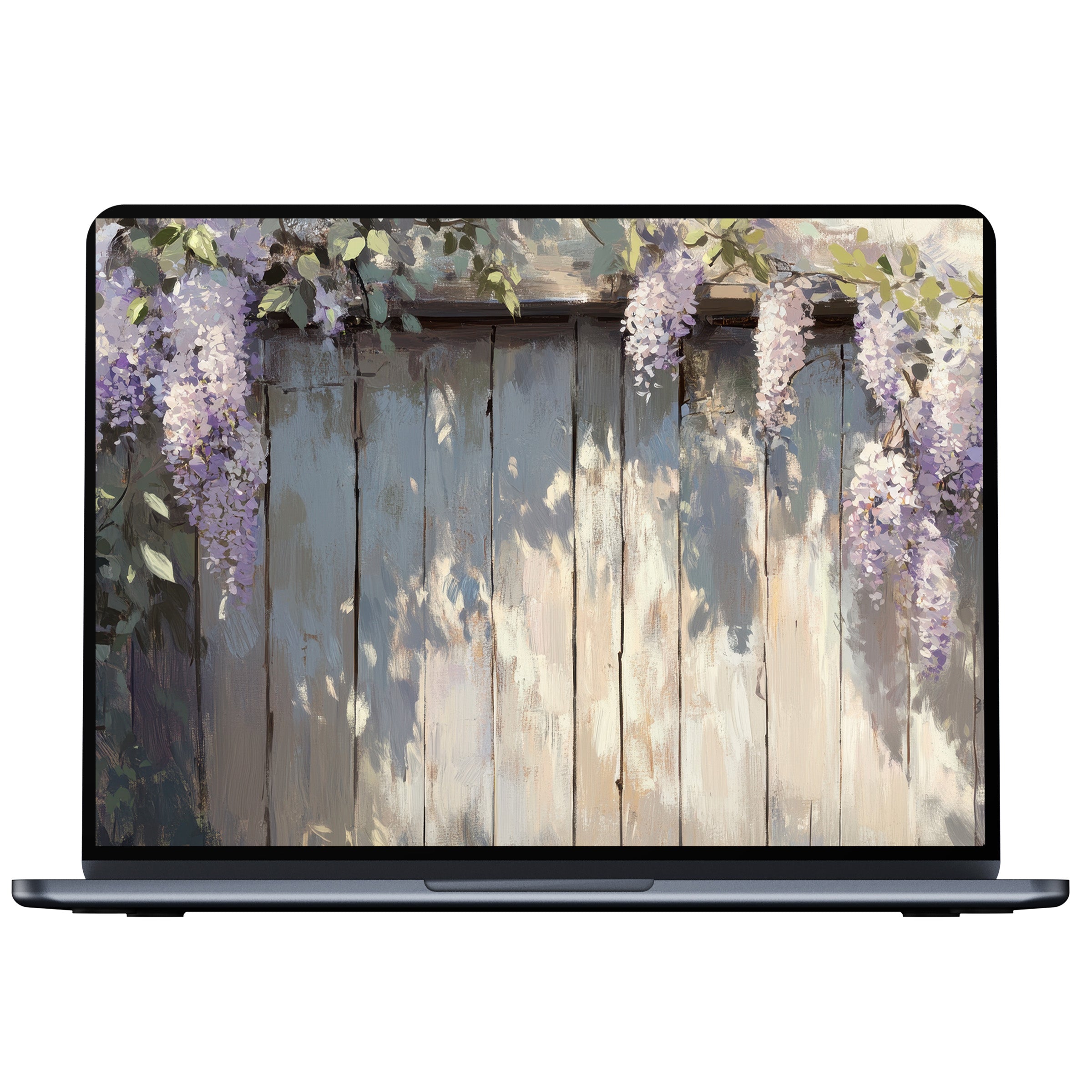 Elegant spring desktop wallpaper digital download with pastel blooms on a rustic fence offers calm inspiration for PC and laptop screens