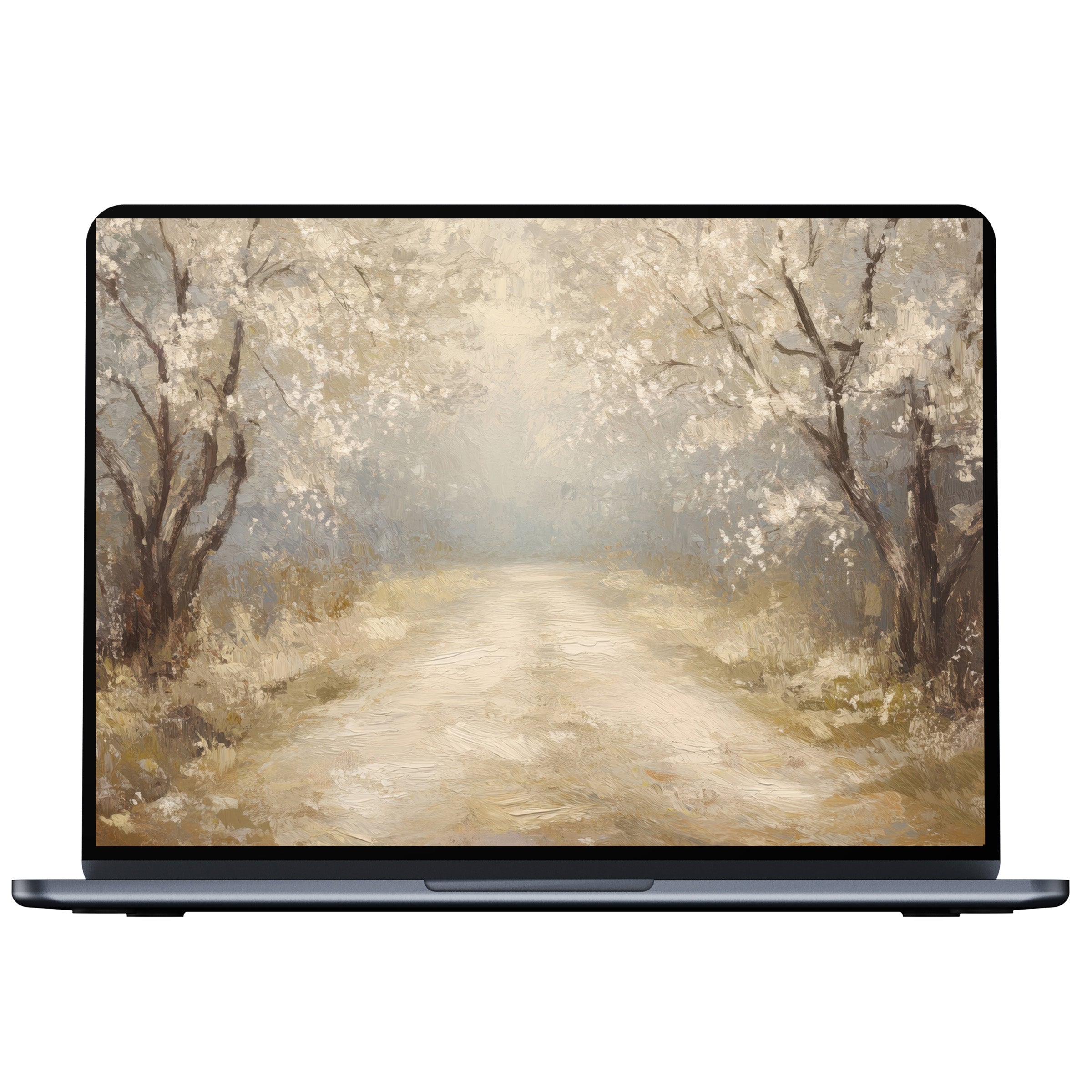 Spring desktop wallpaper digital download featuring tranquil pastel trees and pathway perfect for PC or laptop enhancing calm elegance