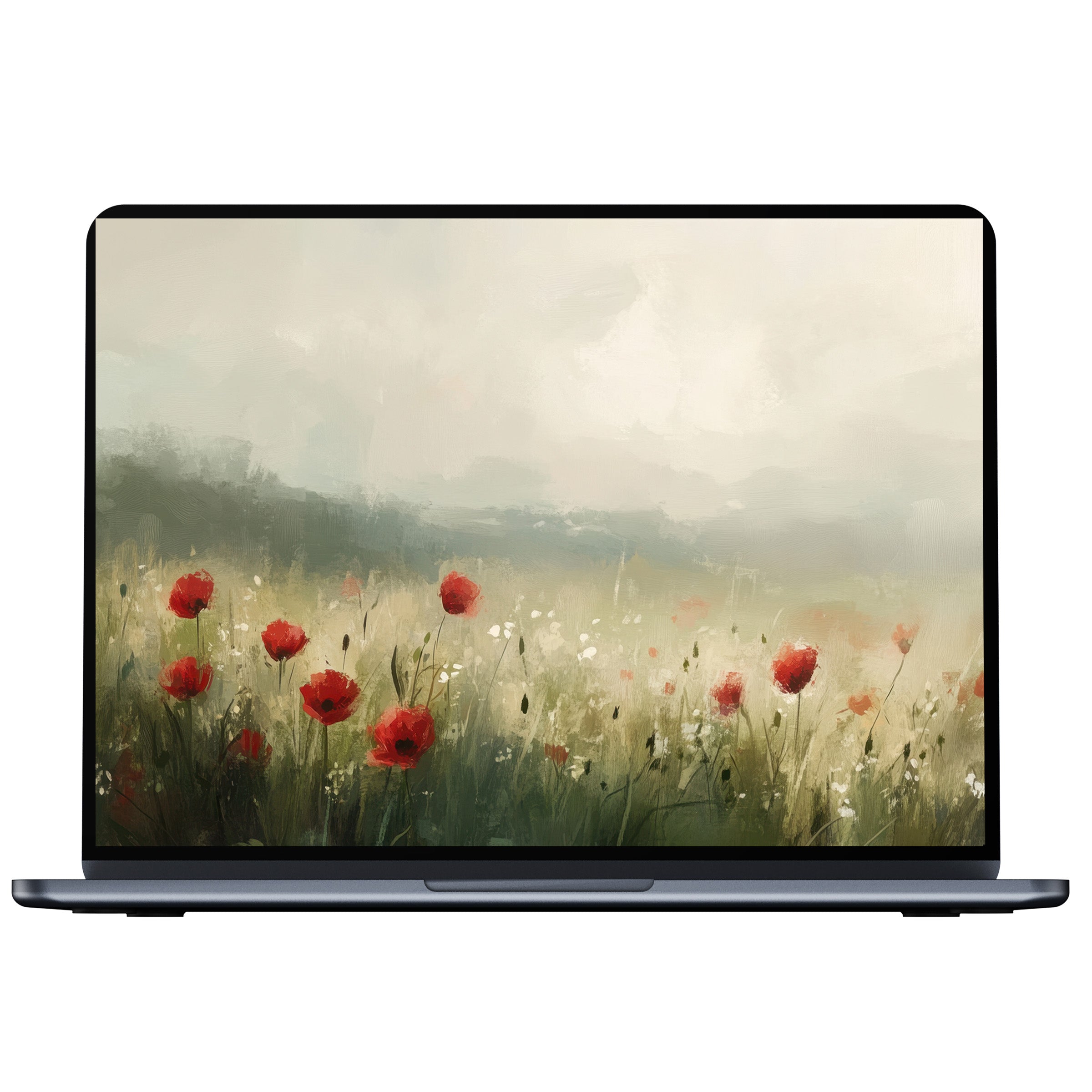Spring desktop wallpaper digital download depicting a serene field of red poppies under soft skies fits PC, laptop, Mac perfectly