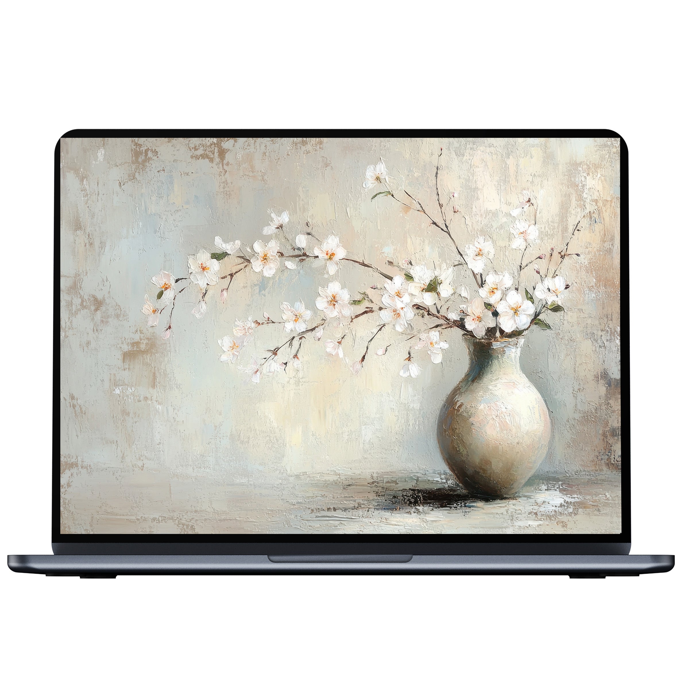 Elegant spring desktop wallpaper featuring delicate white blossoms in a vase captures calm and inspiration for PC and laptop download