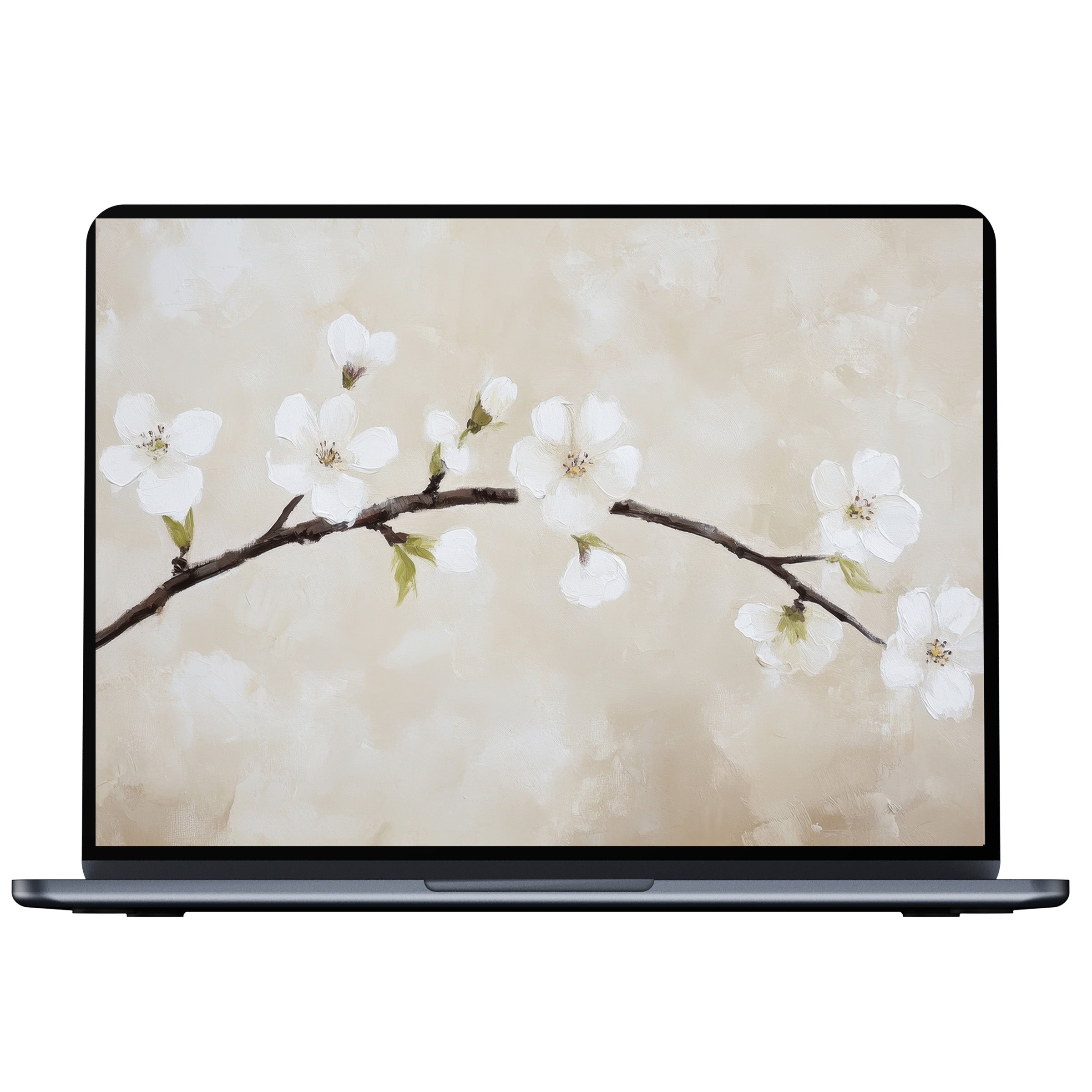 Elegant spring desktop wallpaper featuring serene white blossoms on a muted canvas background, ideal for digital download on PC or laptop