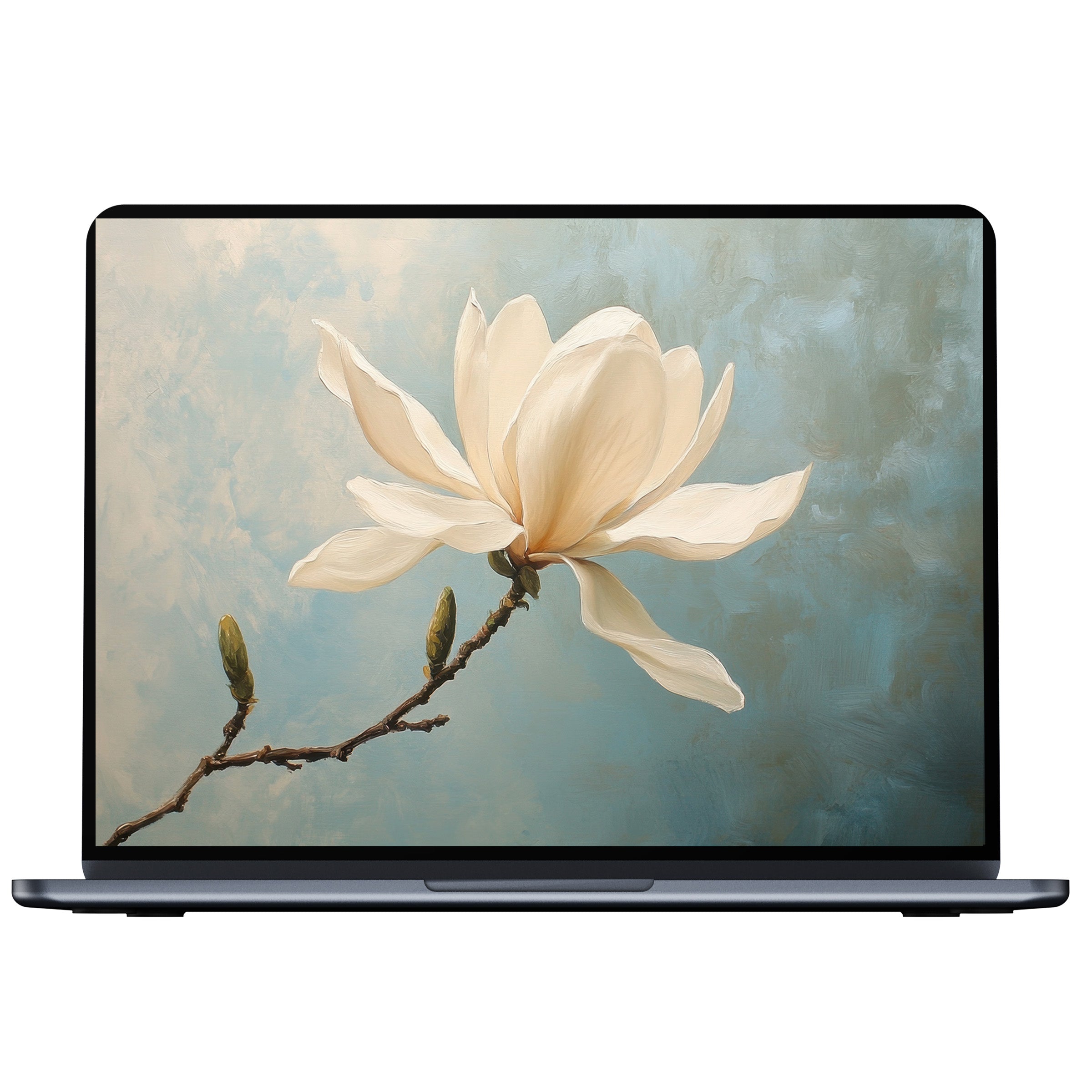 Elegant spring desktop wallpaper with a serene floral illustration on a soft blue background, perfect for digital download on PC or laptop