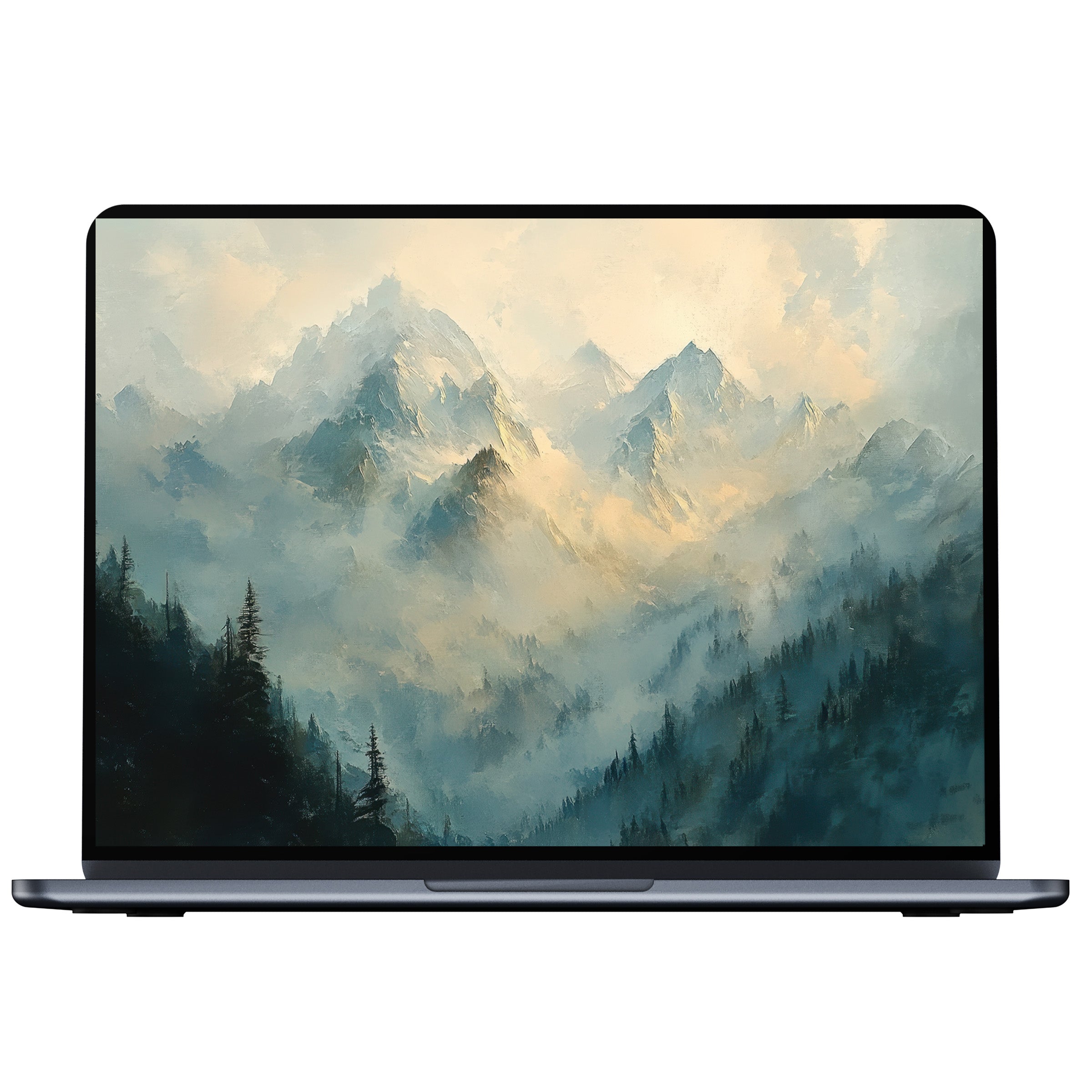 Elegant spring desktop wallpaper featuring misty blue mountains and soft sunlight, perfect digital download for PC or laptop backgrounds