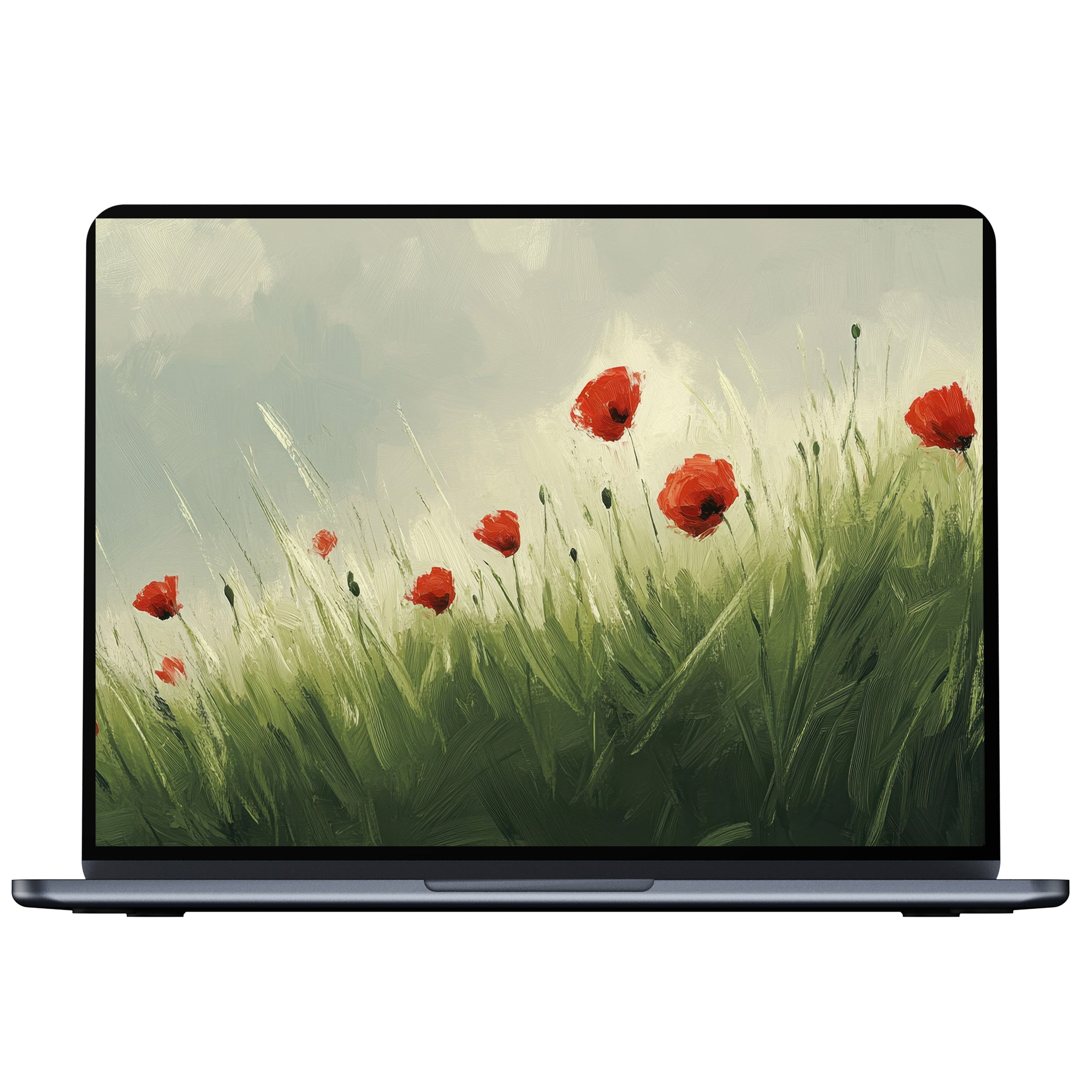 Spring desktop wallpaper with vibrant poppies swaying in lush green fields perfect for PC and laptop digital download
