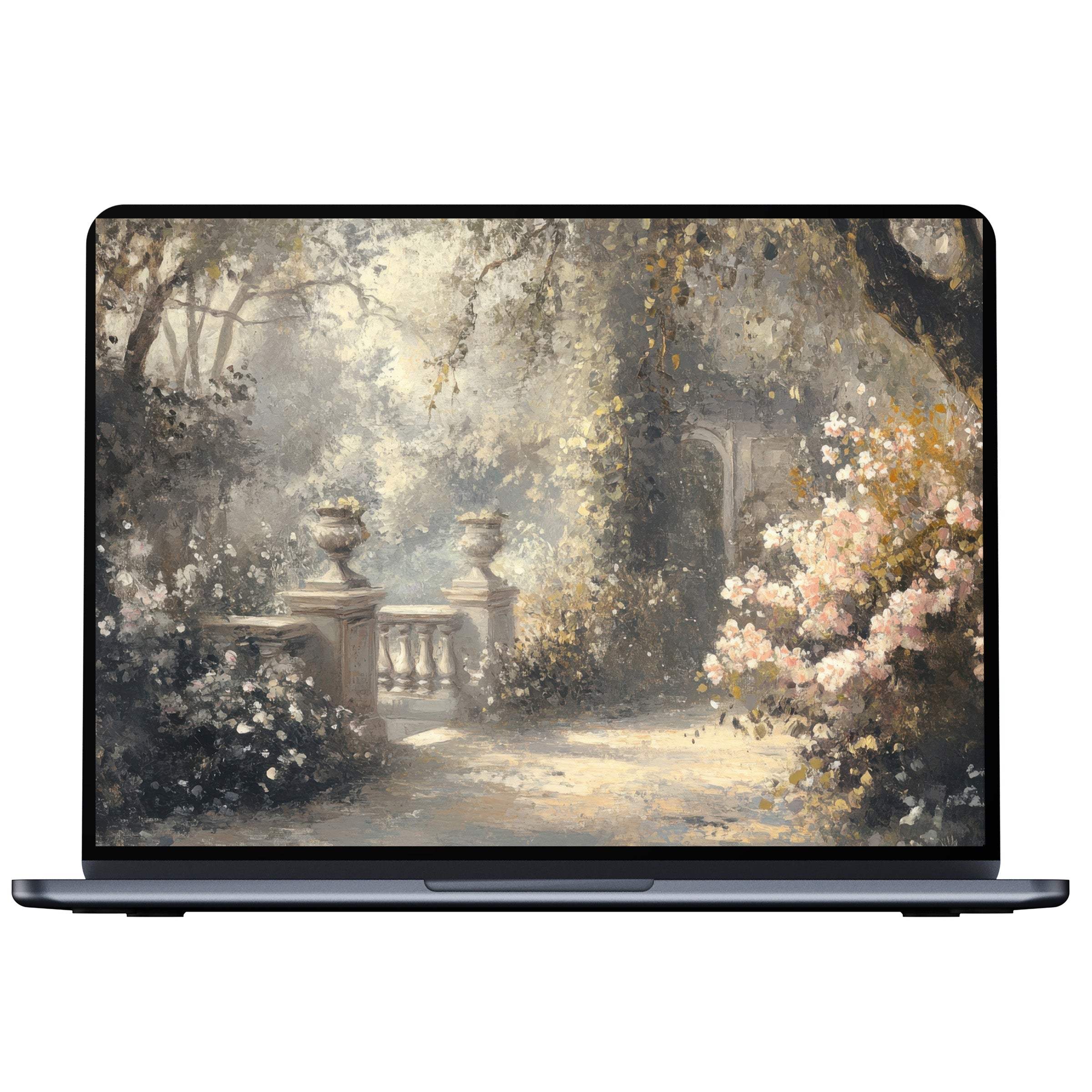 Spring desktop wallpaper digital download featuring a serene garden painted in soft pastels perfect for PC and laptop tranquility