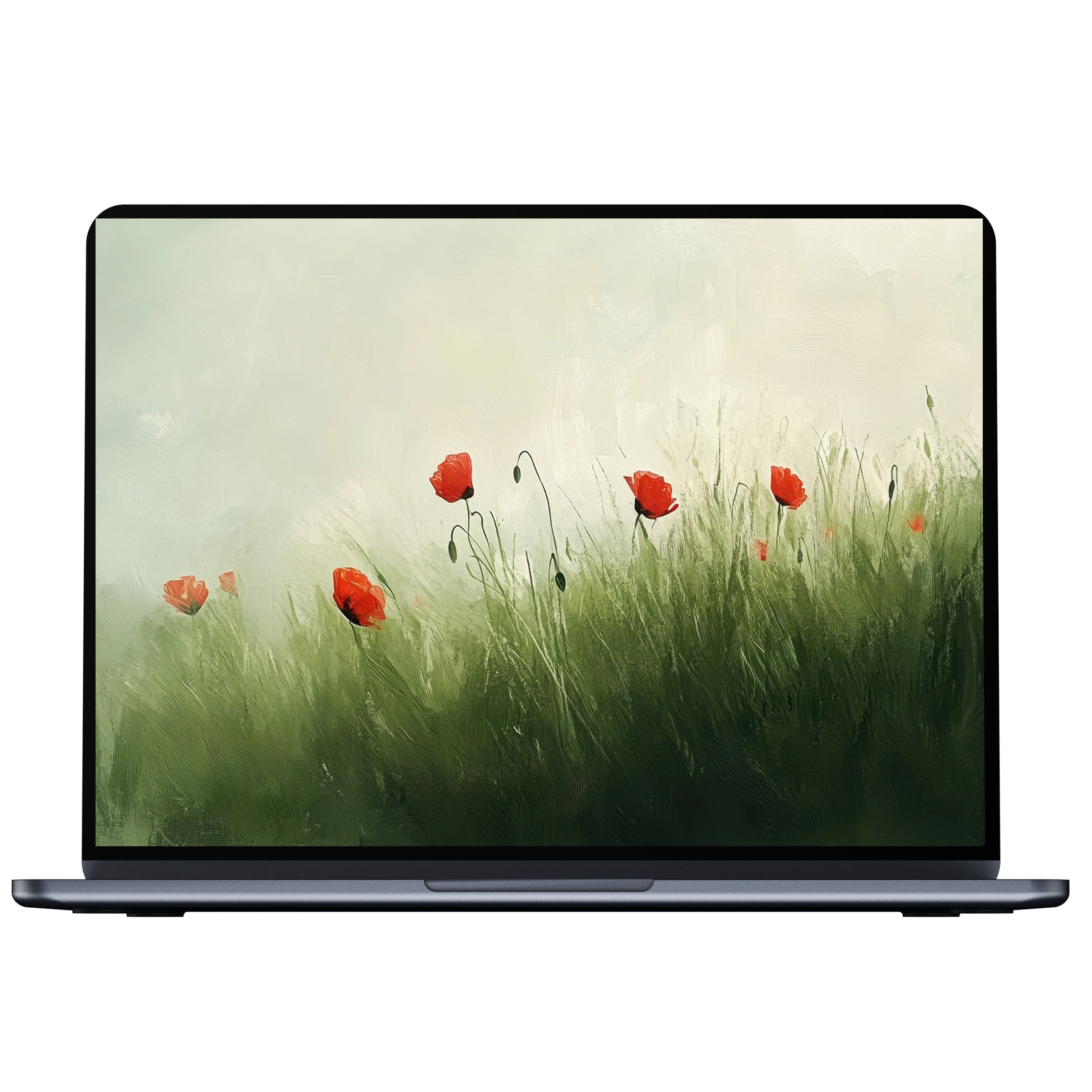 Inspire calm with our spring desktop wallpaper featuring vivid red poppies in lush greens, perfect digital download for PC or laptop