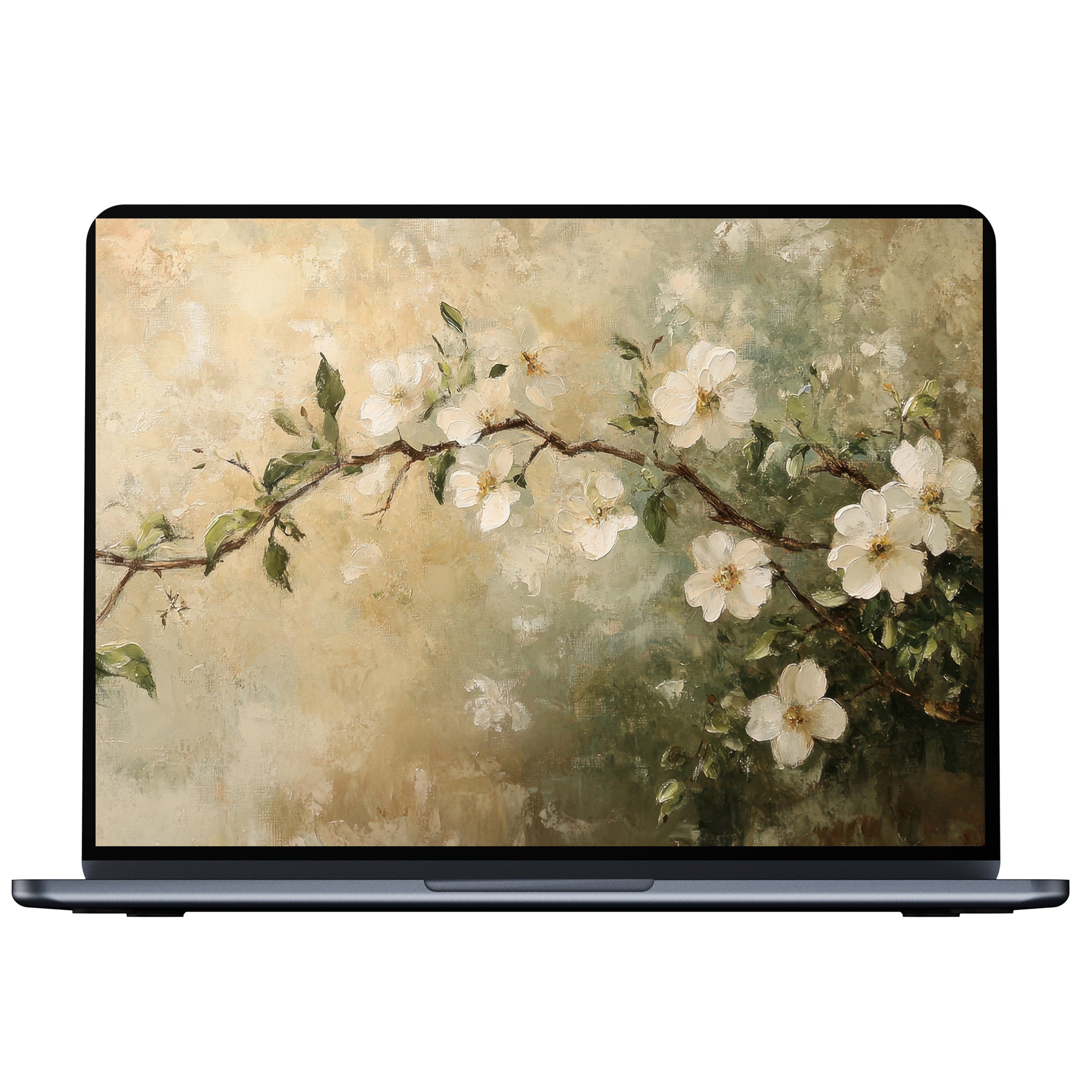 Elegant spring desktop wallpaper with delicate white blossoms on a textured canvas ideal for PC or laptop digital download