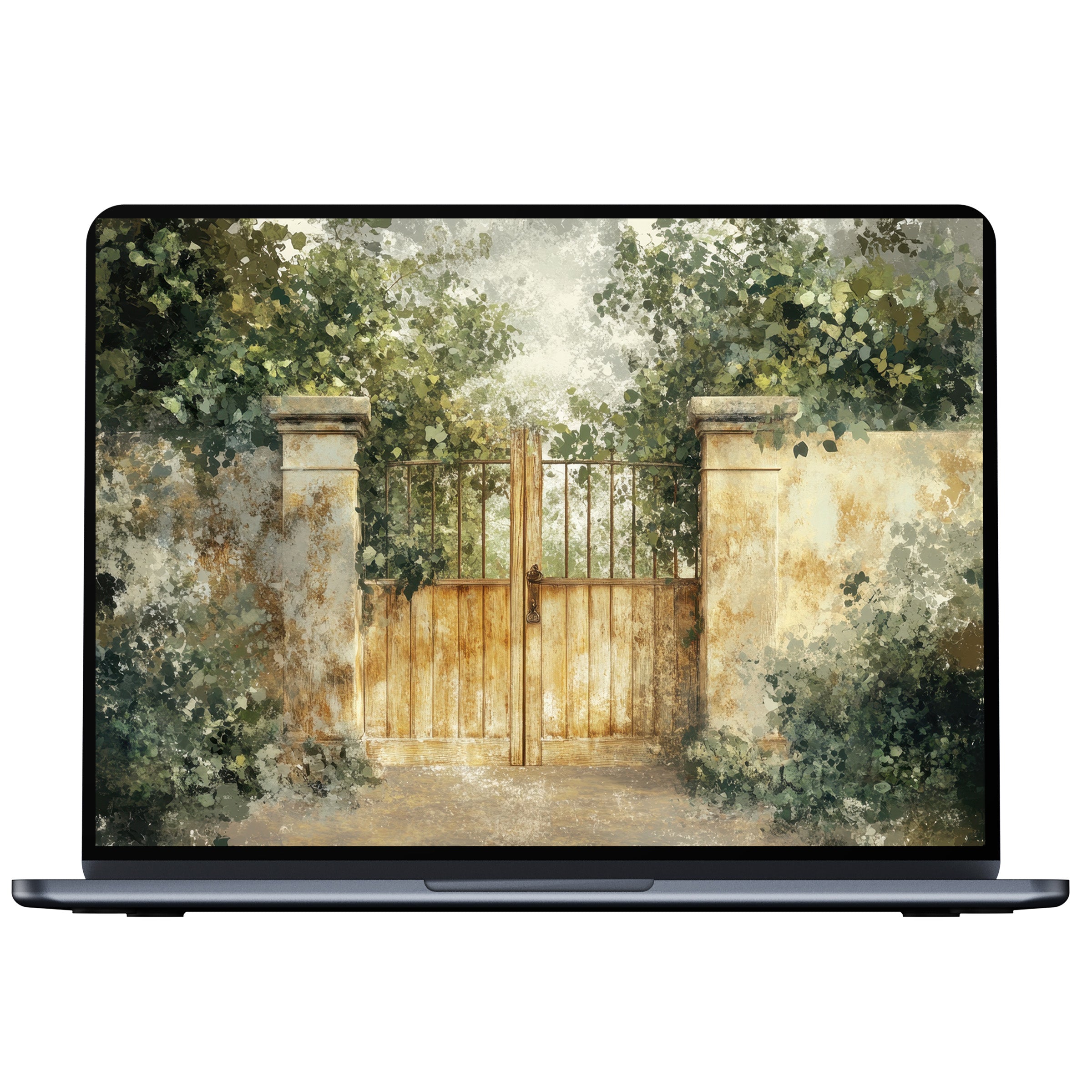 Spring desktop wallpaper digital download features a serene gate with lush greenery offering elegance for PC and laptop screens