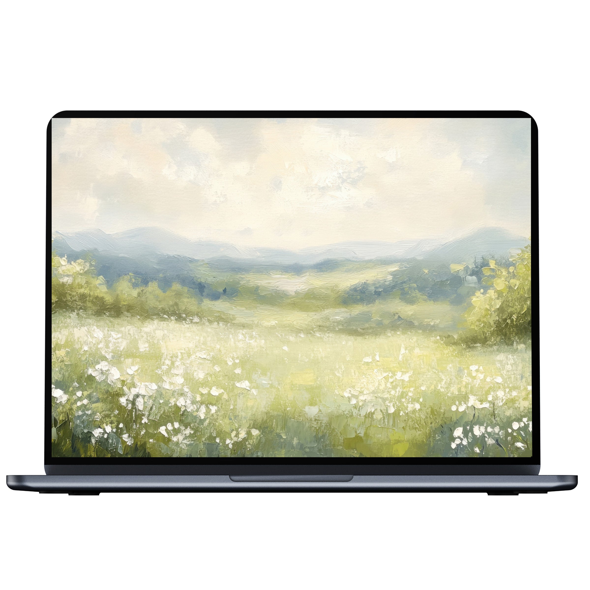 Spring desktop wallpaper featuring serene landscapes with soft, green fields and distant hills, perfect digital download for PC or laptop backgrounds