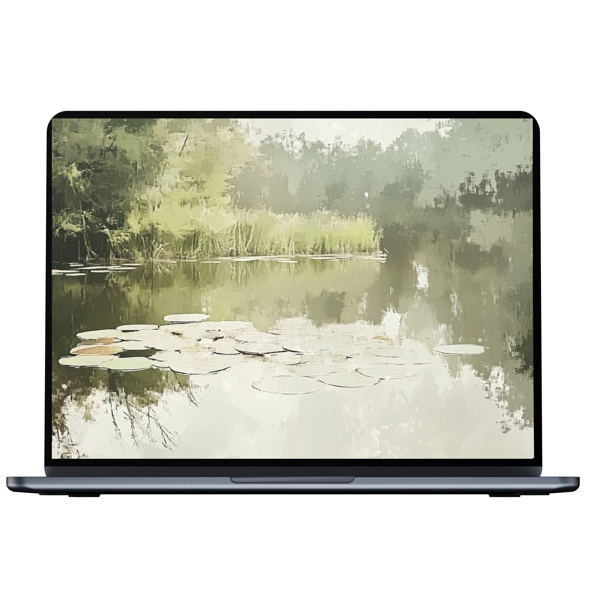 Spring desktop wallpaper digital download featuring a serene lake with lily pads in a watercolor style for PC and laptop tranquility