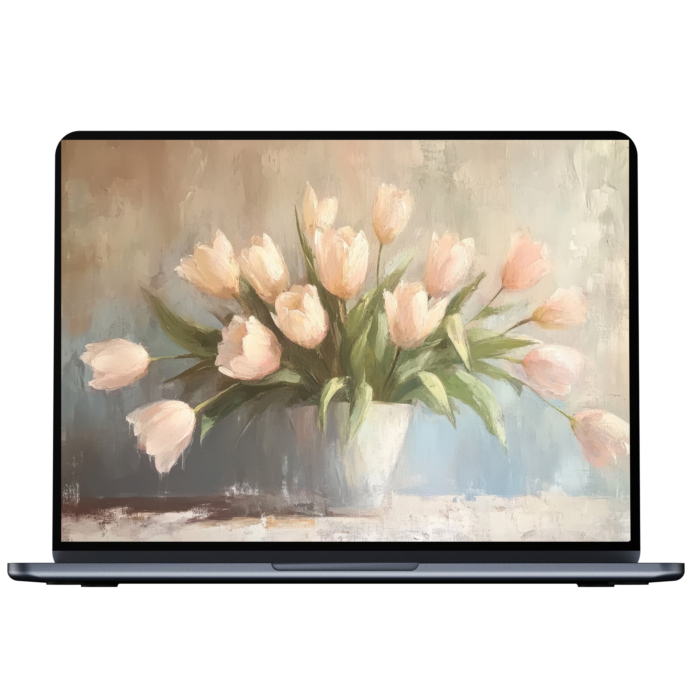 Spring desktop wallpaper with elegant pastel tulips painting for PC and laptop digital download inspiring calm and mindfulness