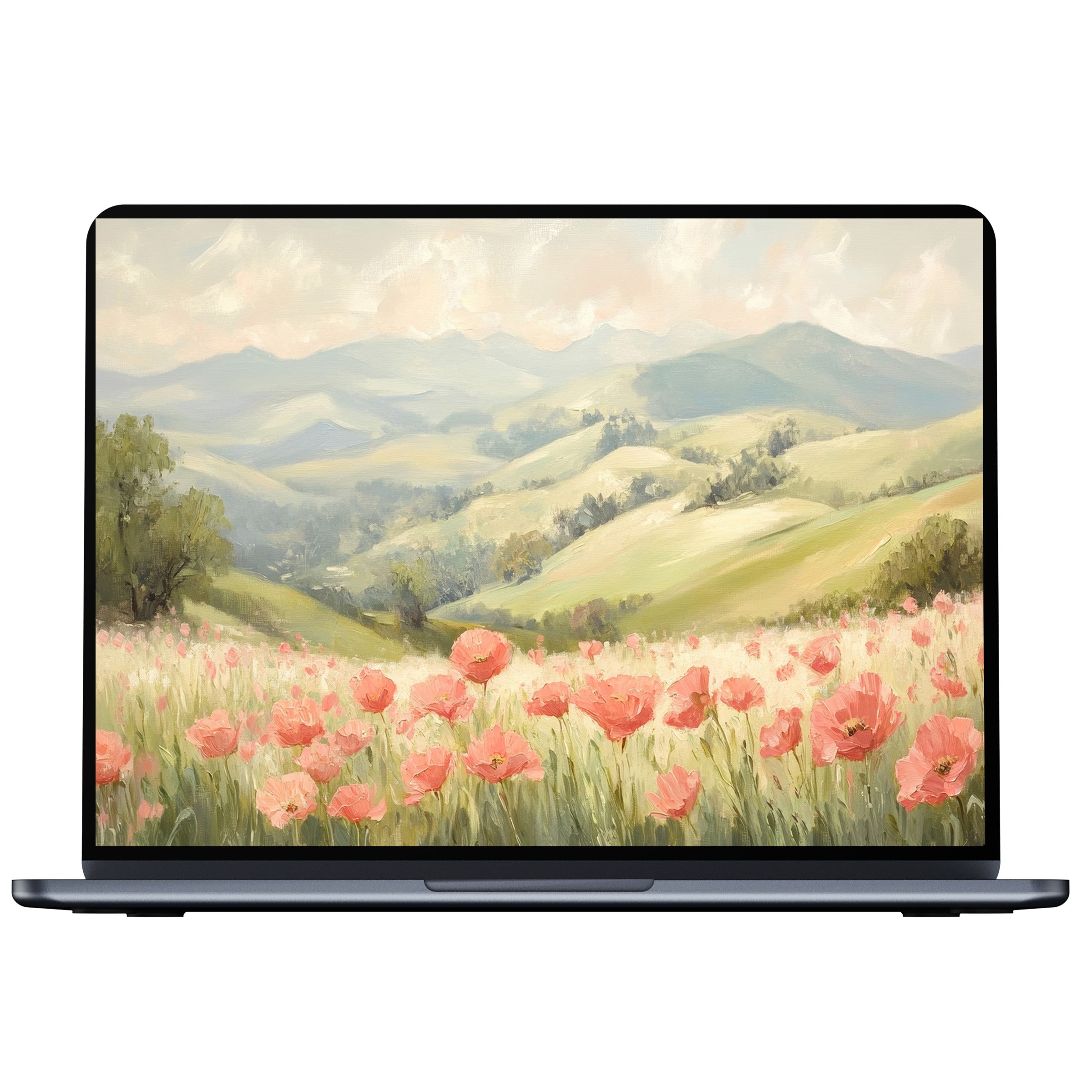 Spring desktop wallpaper digital download featuring serene poppy fields and rolling hills, perfect for PC or laptop elegance and calm