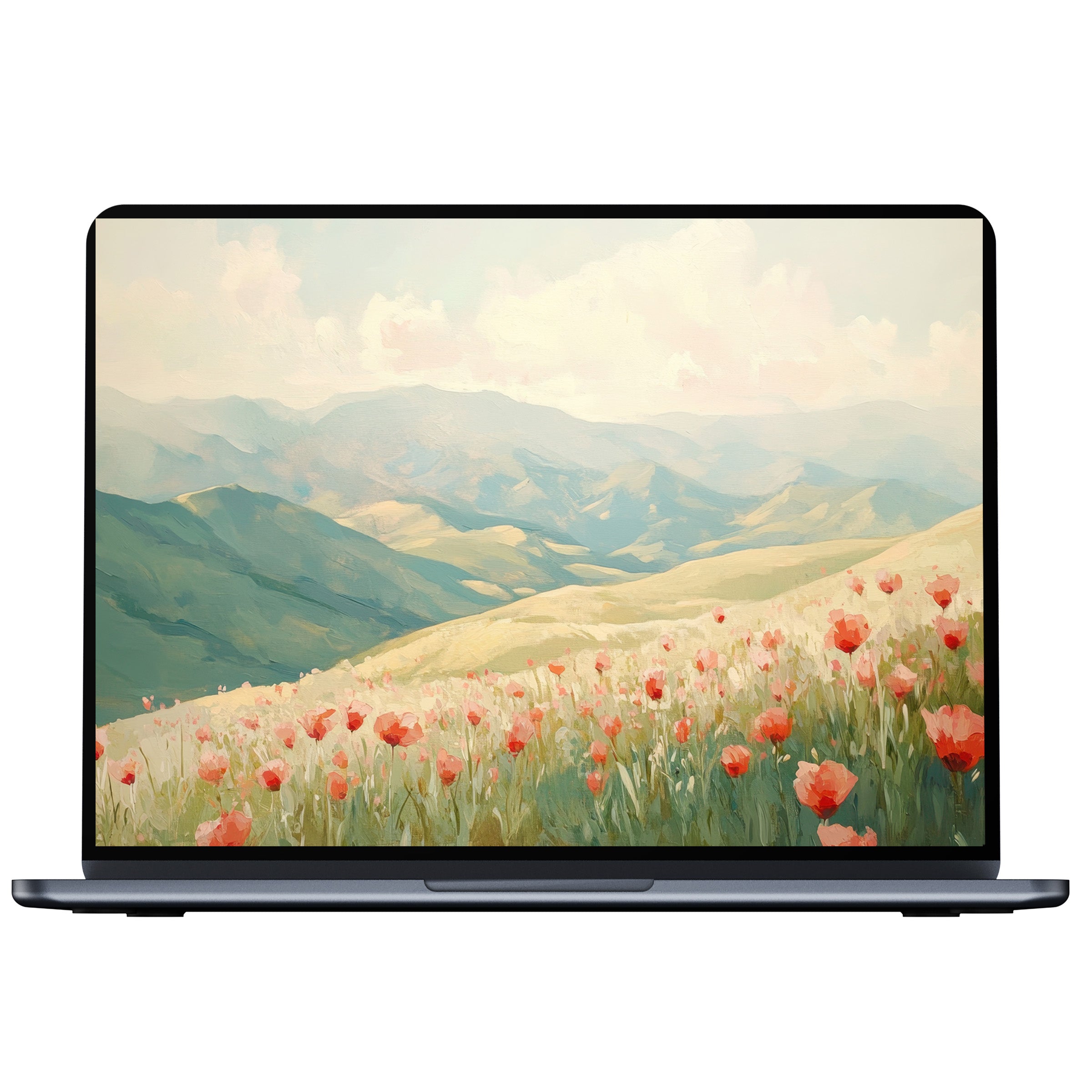 Serene spring desktop wallpaper featuring a dreamy landscape with poppy fields and soft hills for digital download on PC and laptop