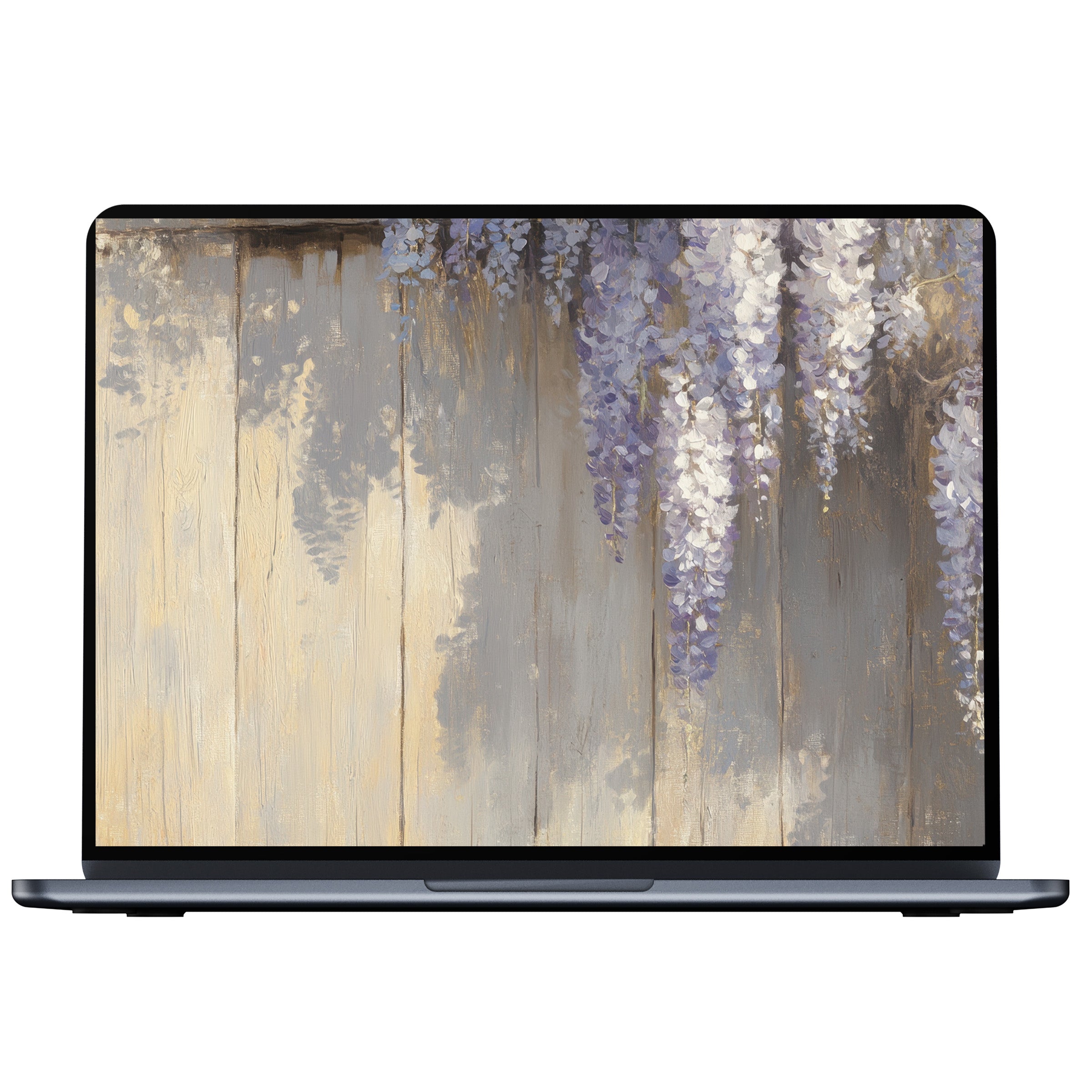Spring desktop wallpaper featuring elegant wisteria on a rustic wooden background digital download for PC and laptop Mac-friendly