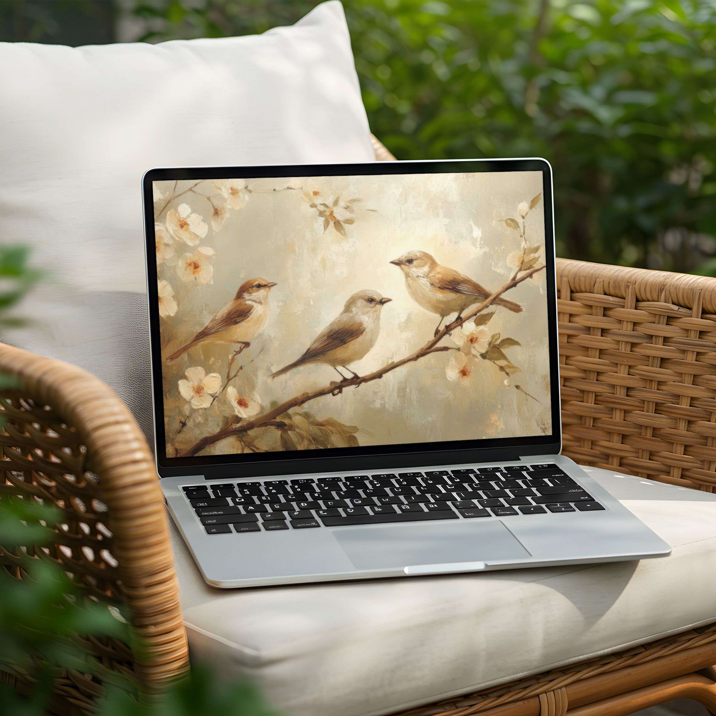 Inspire calm with this elegant desktop background for your PC or Laptop featuring birds on blossoming branches Instant download