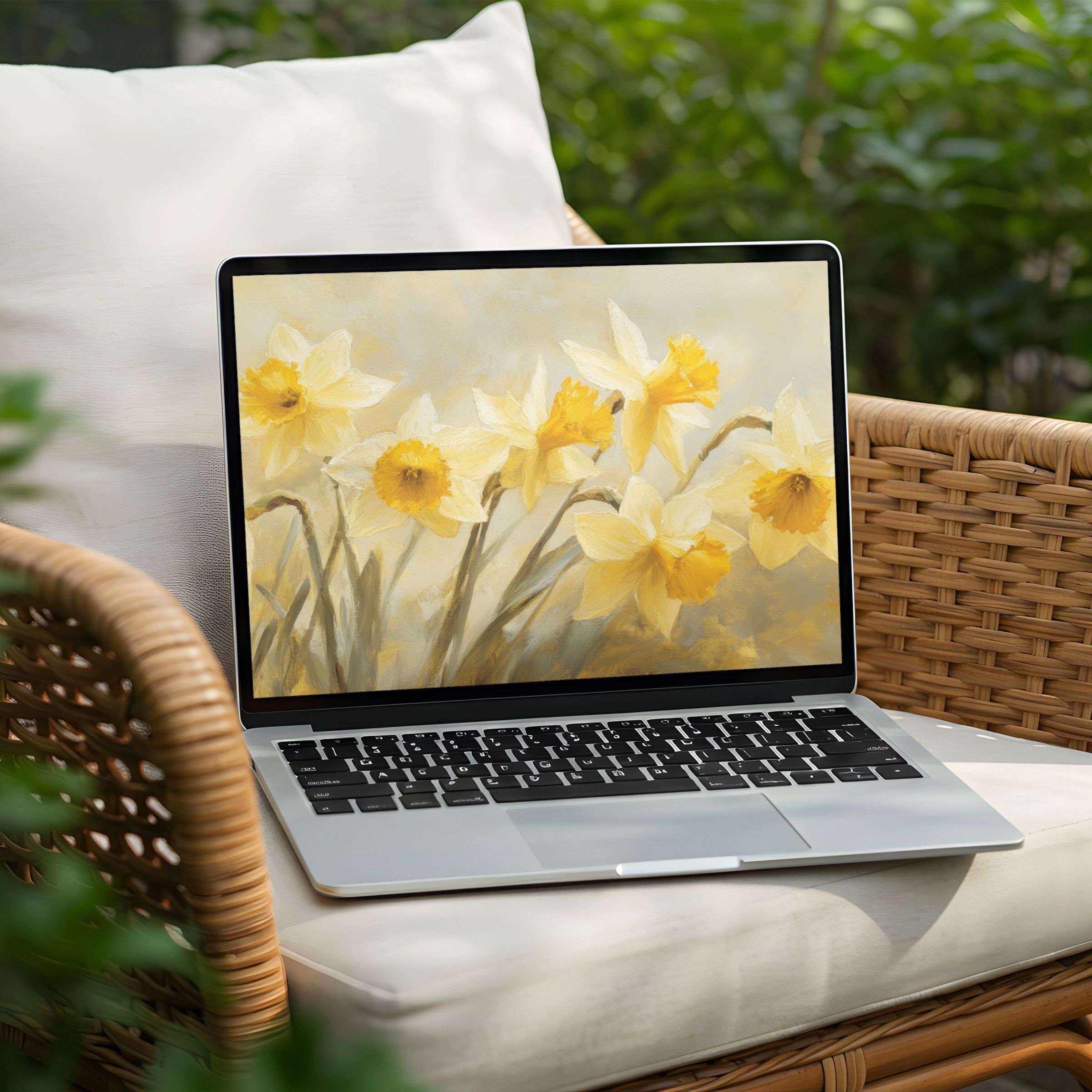Elegant daffodil art on a laptop offers calming desktop background for instant download on PC, inspiring mindful aesthetics
