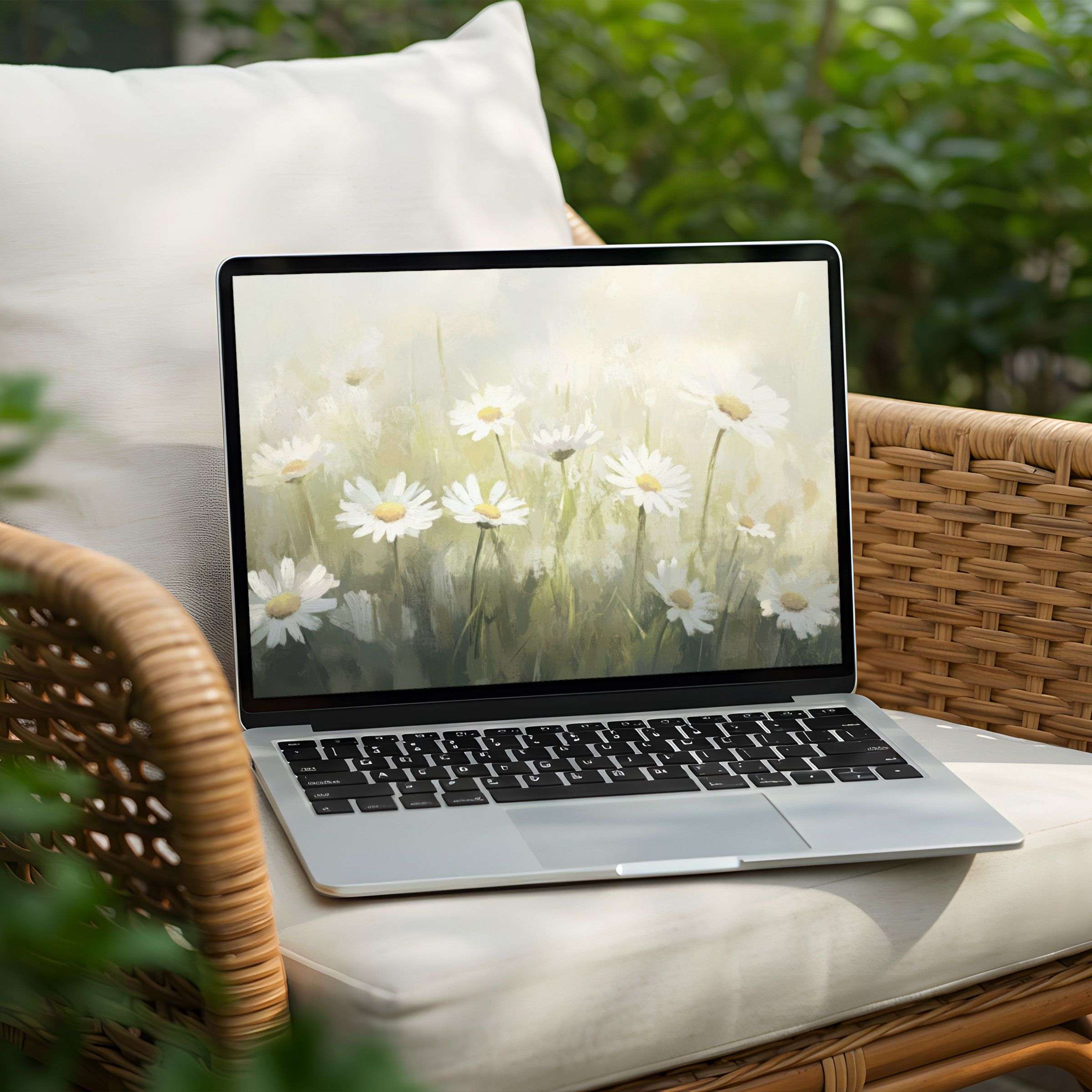 Elegant desktop background for PC or Laptop, featuring calming daisy art for instant download, inspiring mindfulness and tranquility