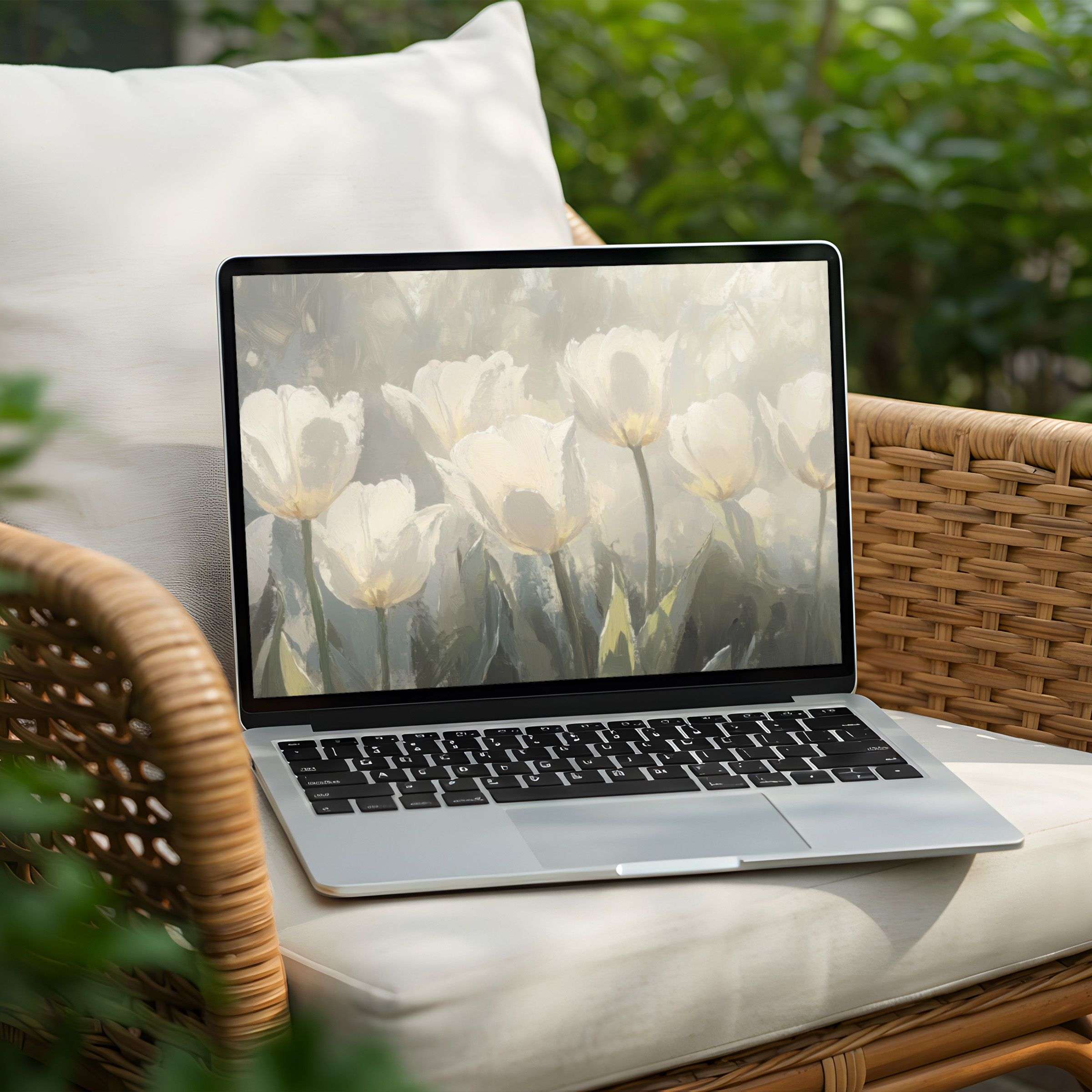 Serene floral desktop background on a laptop for instant download offers calm inspiration for a design-conscious PC user