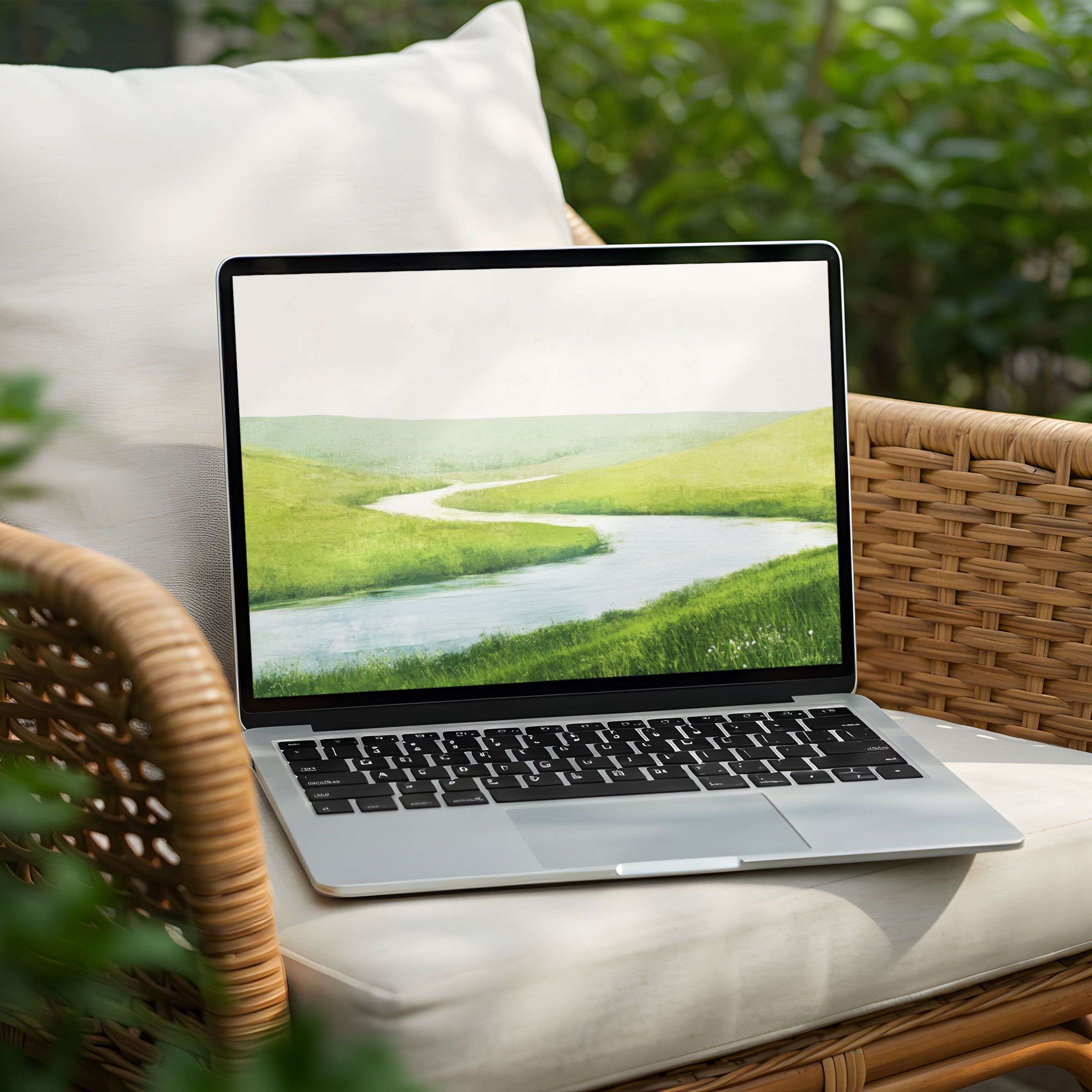 Serene desktop background featuring tranquil green hills and a winding river for instant download to enhance your PC or Laptop ambiance