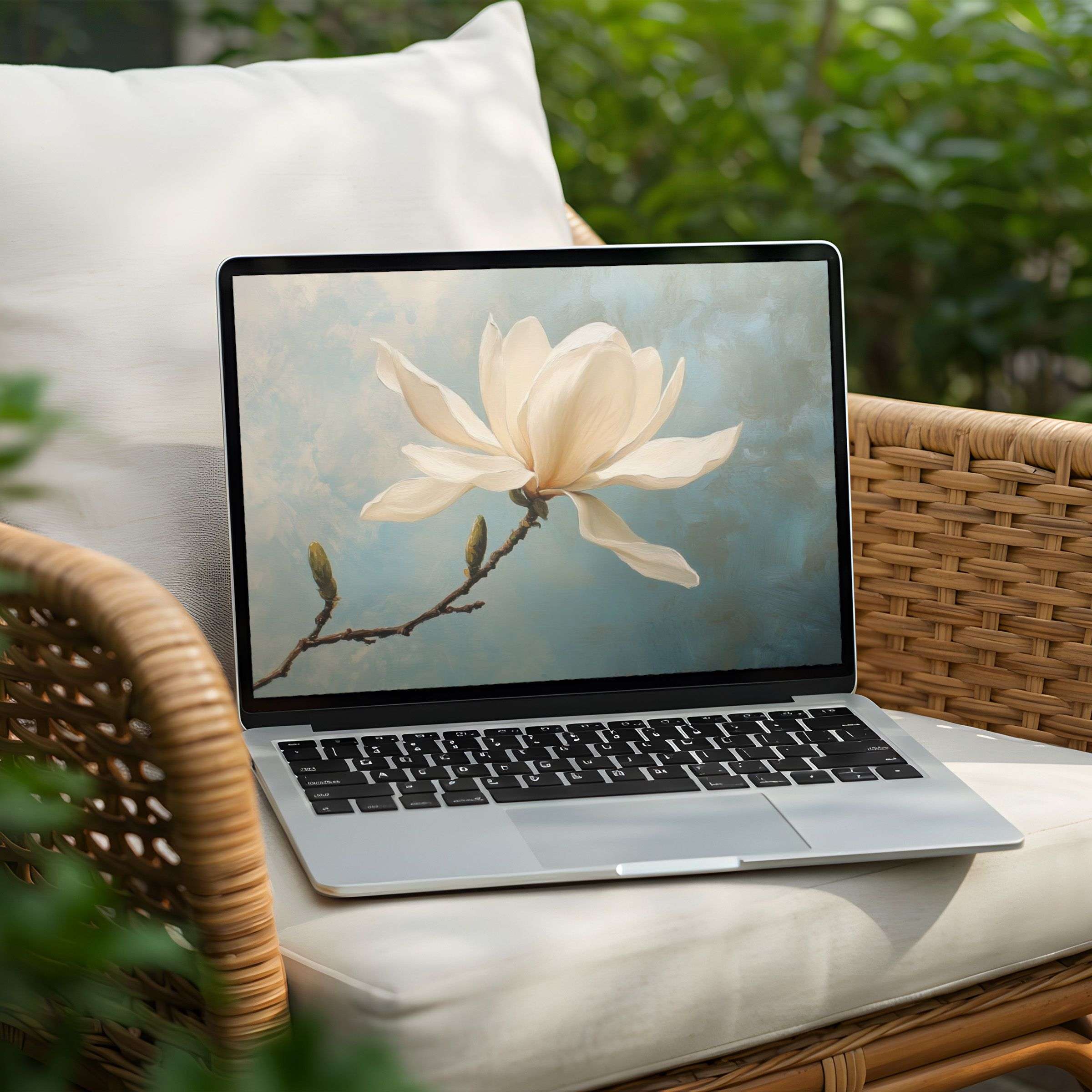 Elegant magnolia blossom digital art for instant download as a desktop background on PC or Laptop inspiring calm and mindfulness