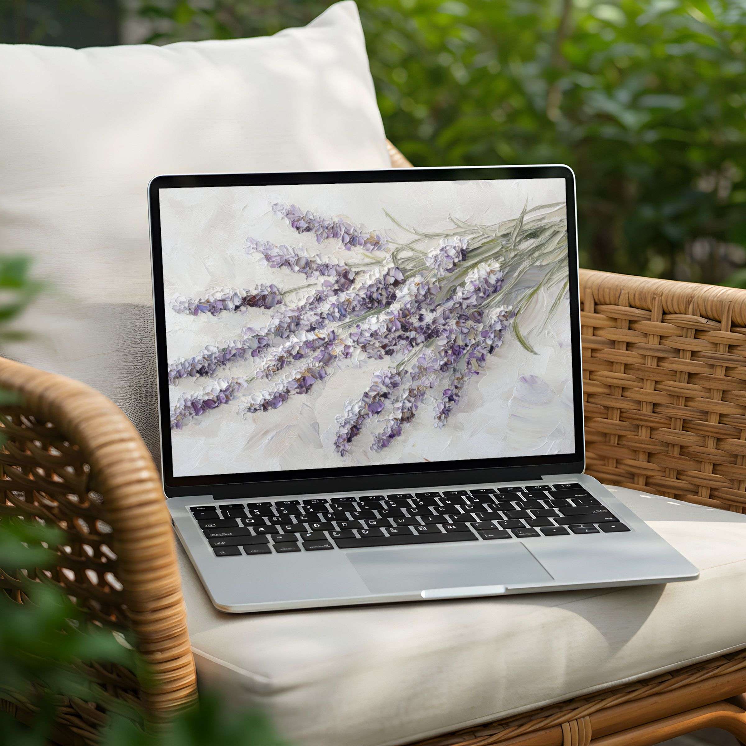 Lavender oil painting desktop background for instant download on PC or Laptop evokes calm elegance and mindful inspiration