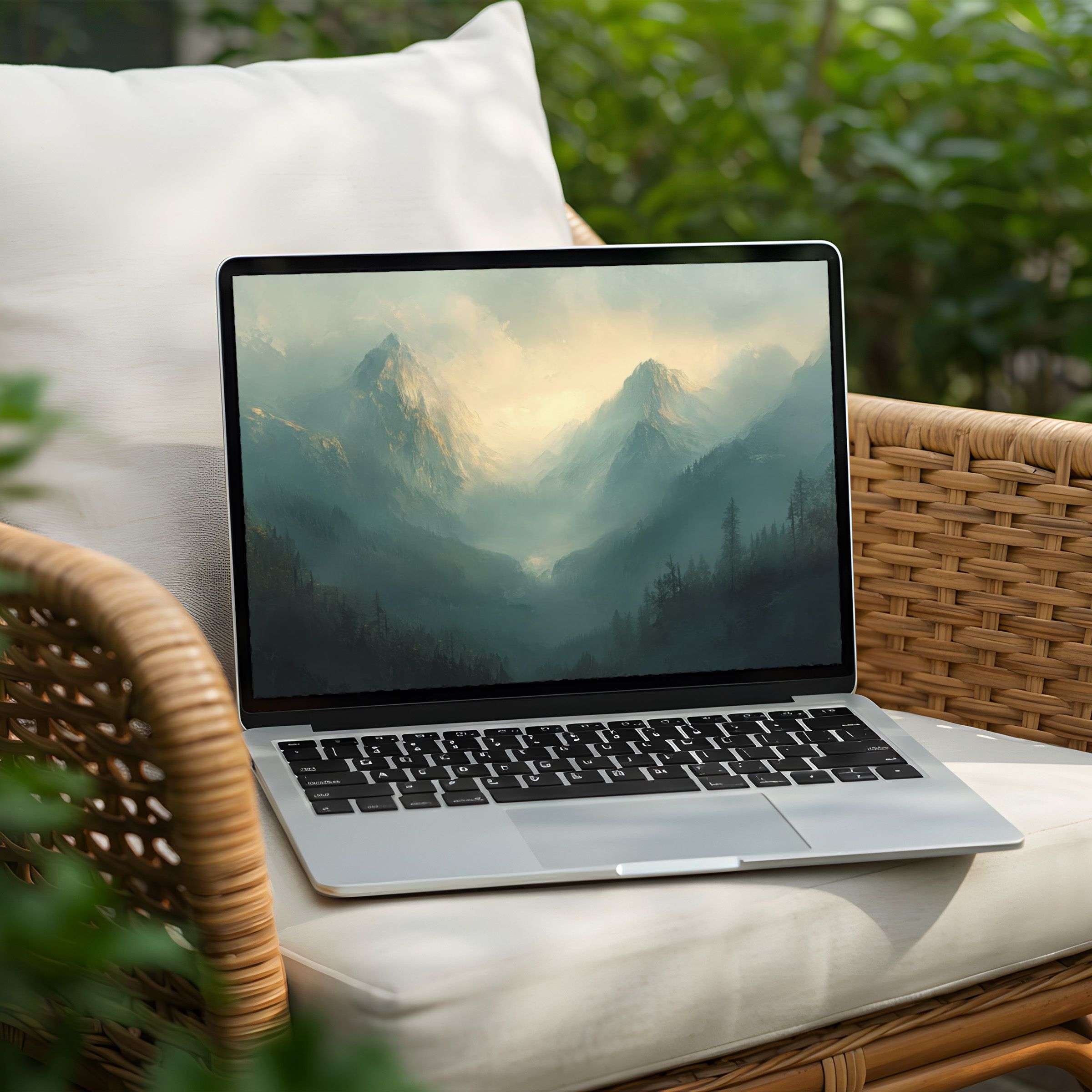 Tranquil mountain scene on a laptop desktop background for instant download brings elegance and calm to your PC or laptop workspace