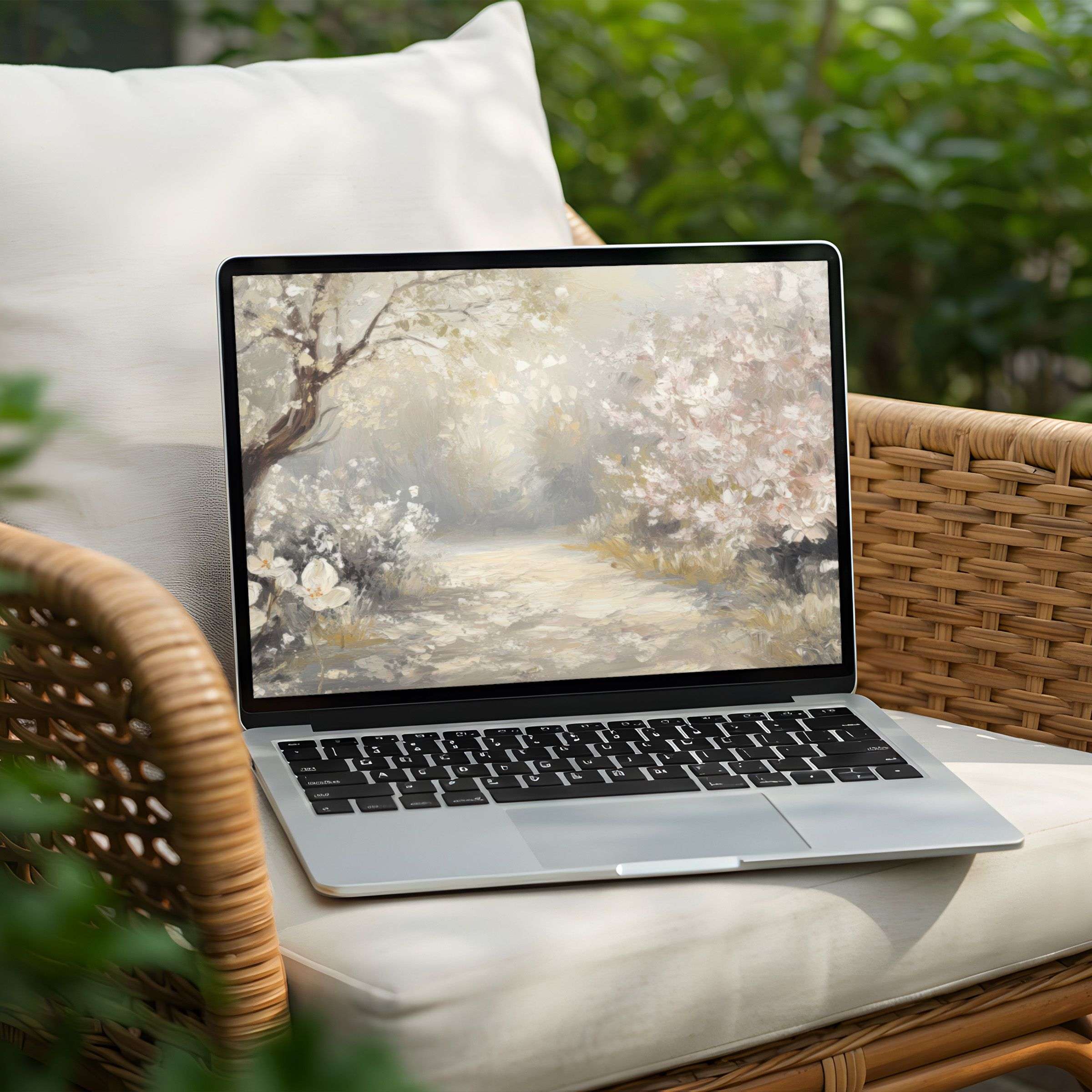 Elegant pastel landscape desktop background on a laptop, ideal for instant download, inspiring calm and mindfulness on your PC