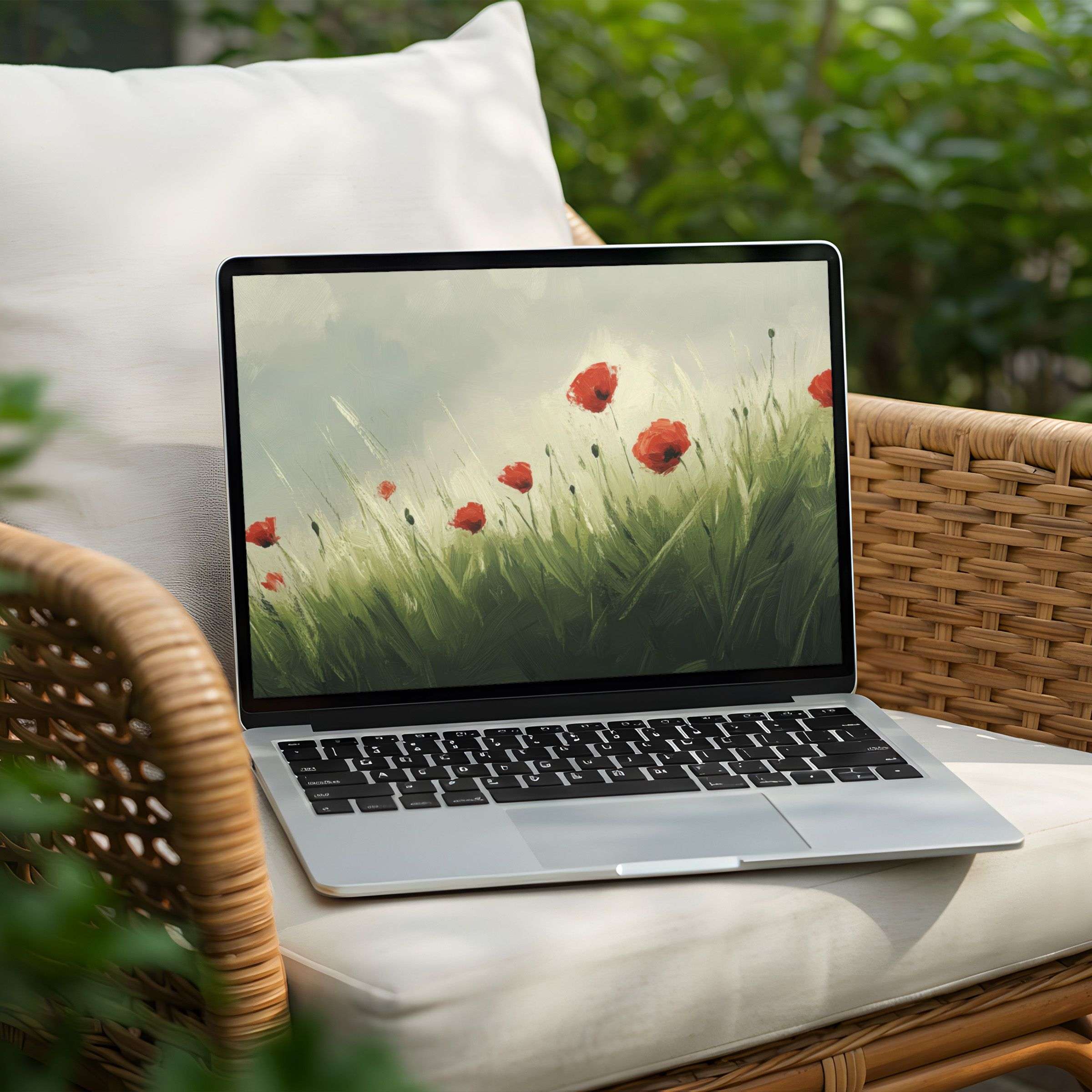 Inspired desktop background featuring serene poppies in soft greens for instant download on PC or Laptop desktops to inspire calm