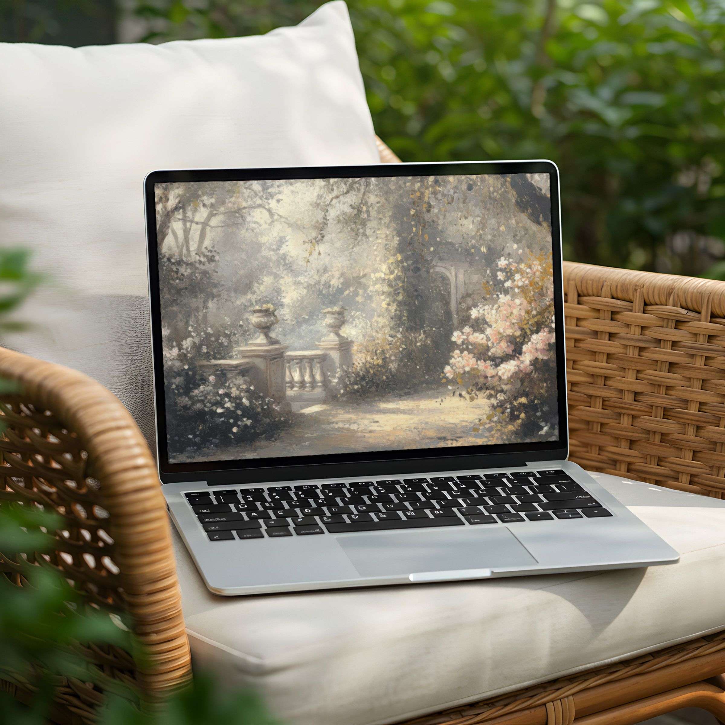 Elegant garden scene desktop background for PC or Laptop instant download offers serenity and inspiration for mindful design lovers
