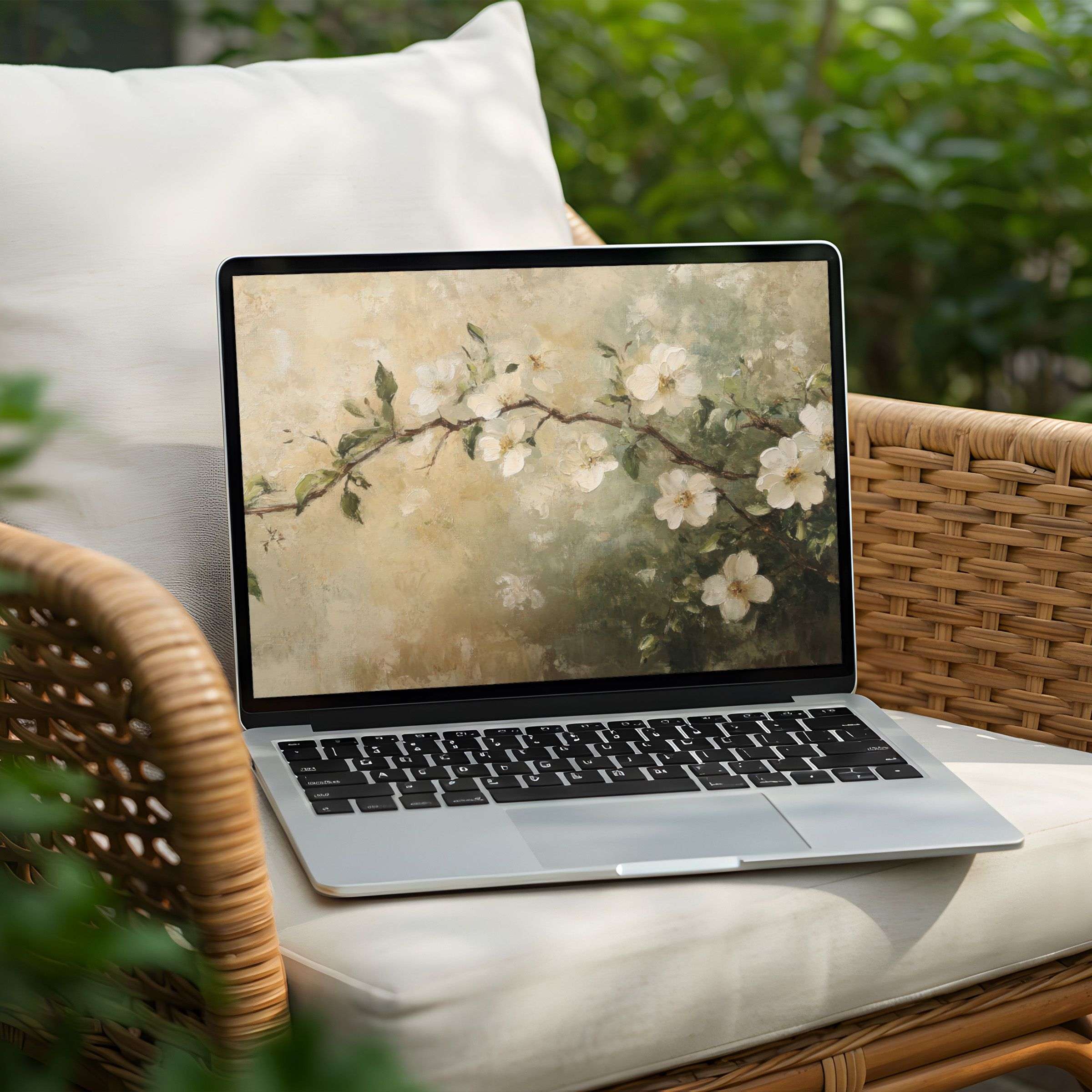 Laptop displaying elegant floral desktop background art in soothing earth tones for an instant download to enhance PC ambiance
