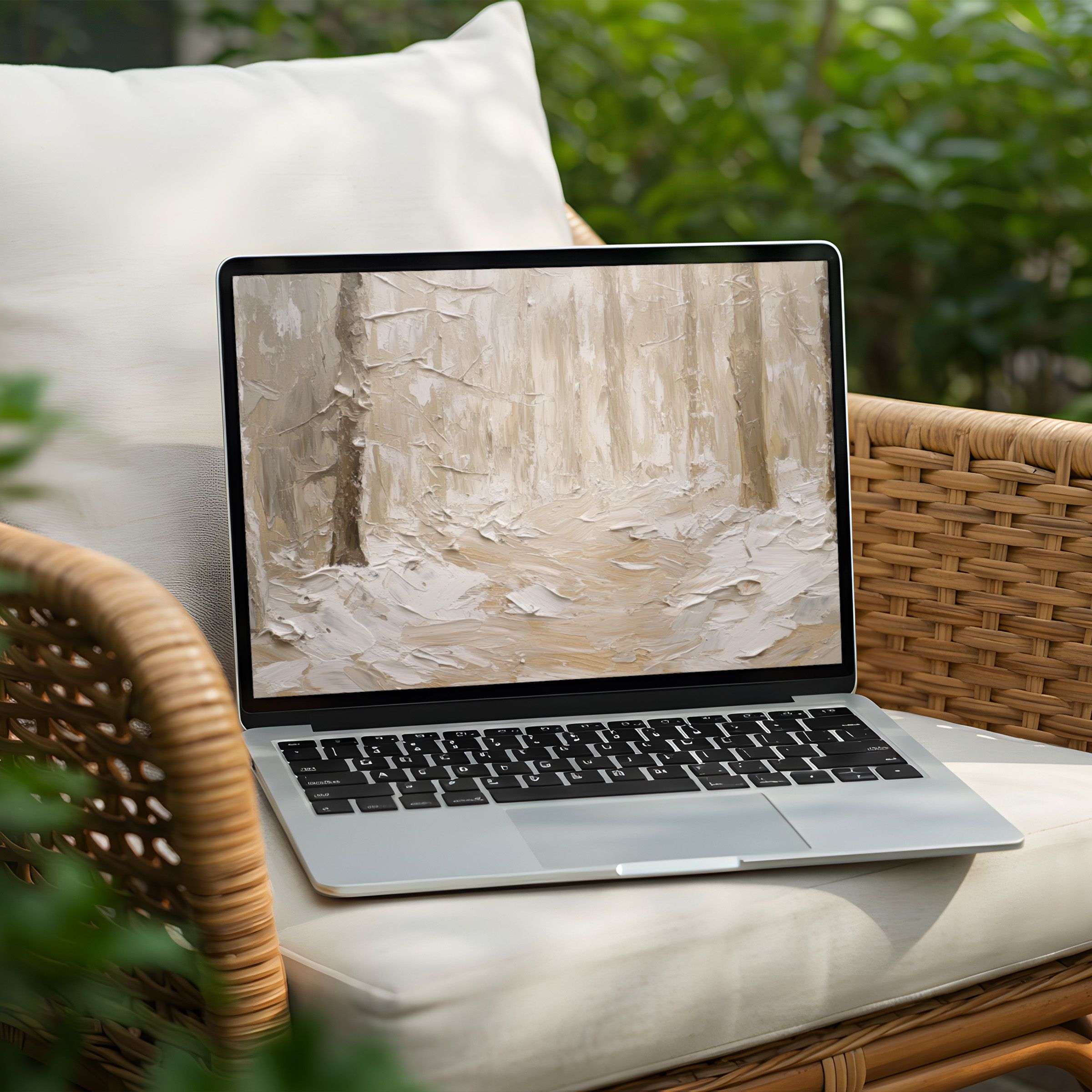 Elegant abstract forest desktop background on a Laptop, perfect for instant download to inspire calm and mindful moments on your PC