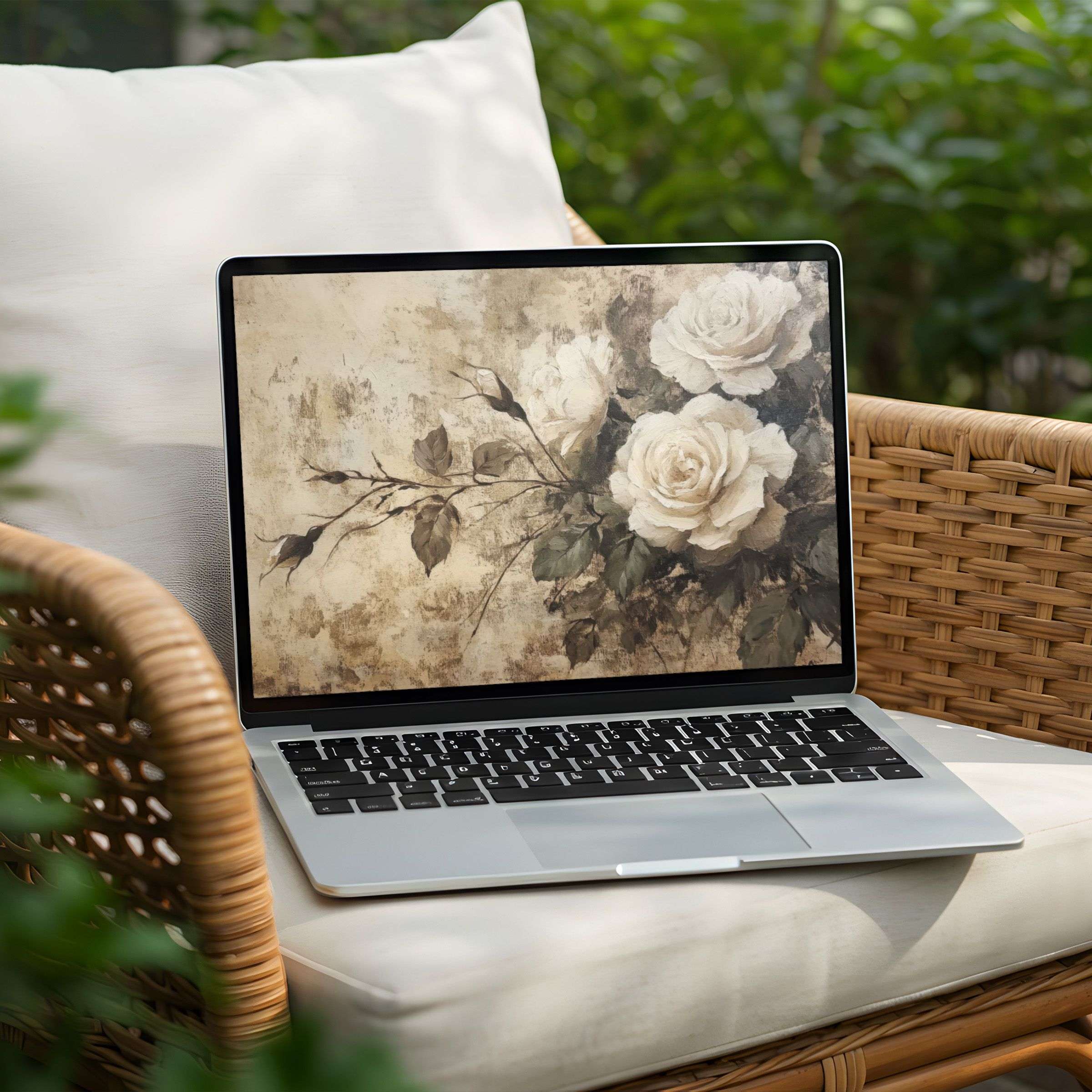 Elegant floral desktop background for PC or Laptop, offering instant download to inspire calm and mindfulness with vintage charm