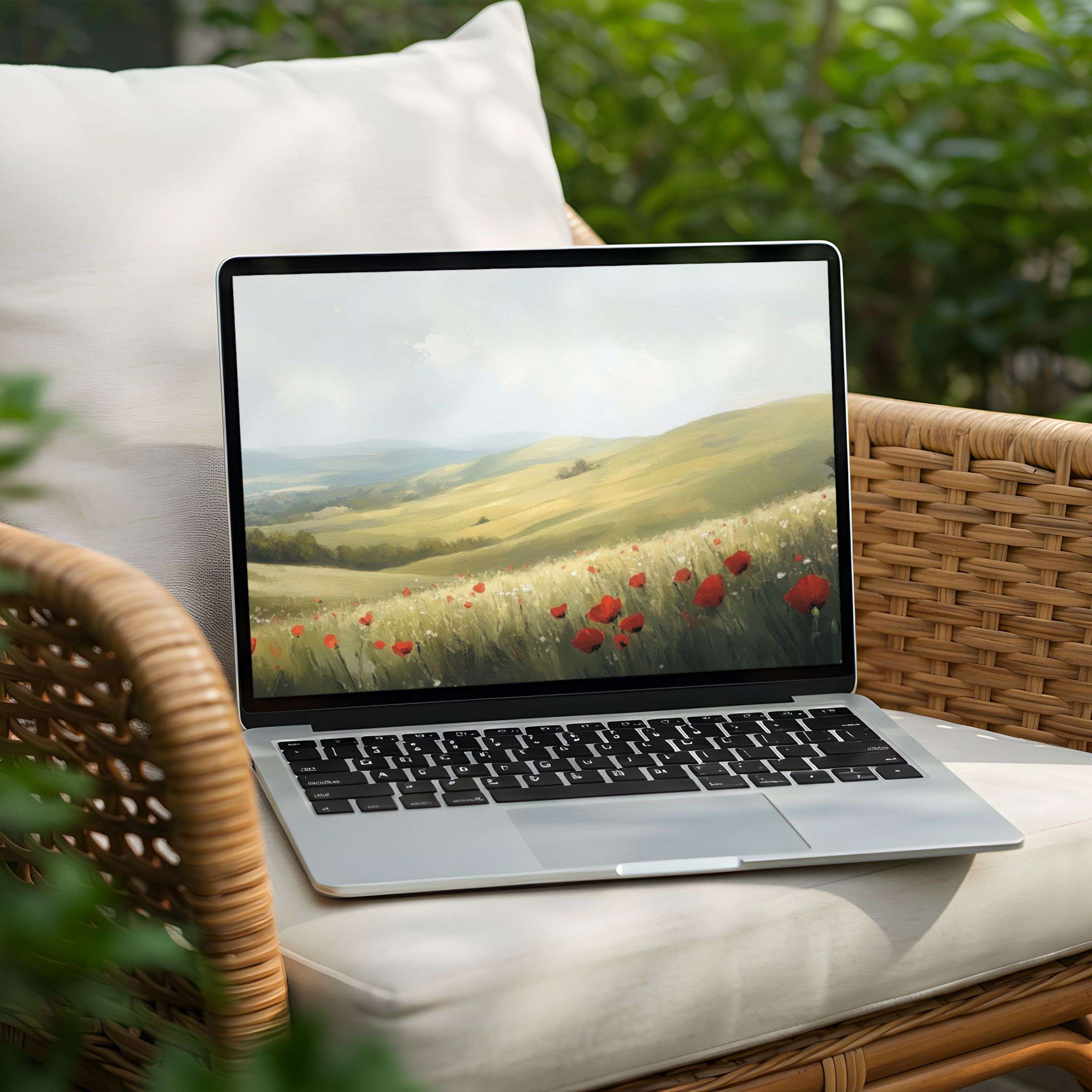Inspire tranquility with this instant download desktop background for PC and Laptop featuring serene green hills and red poppies