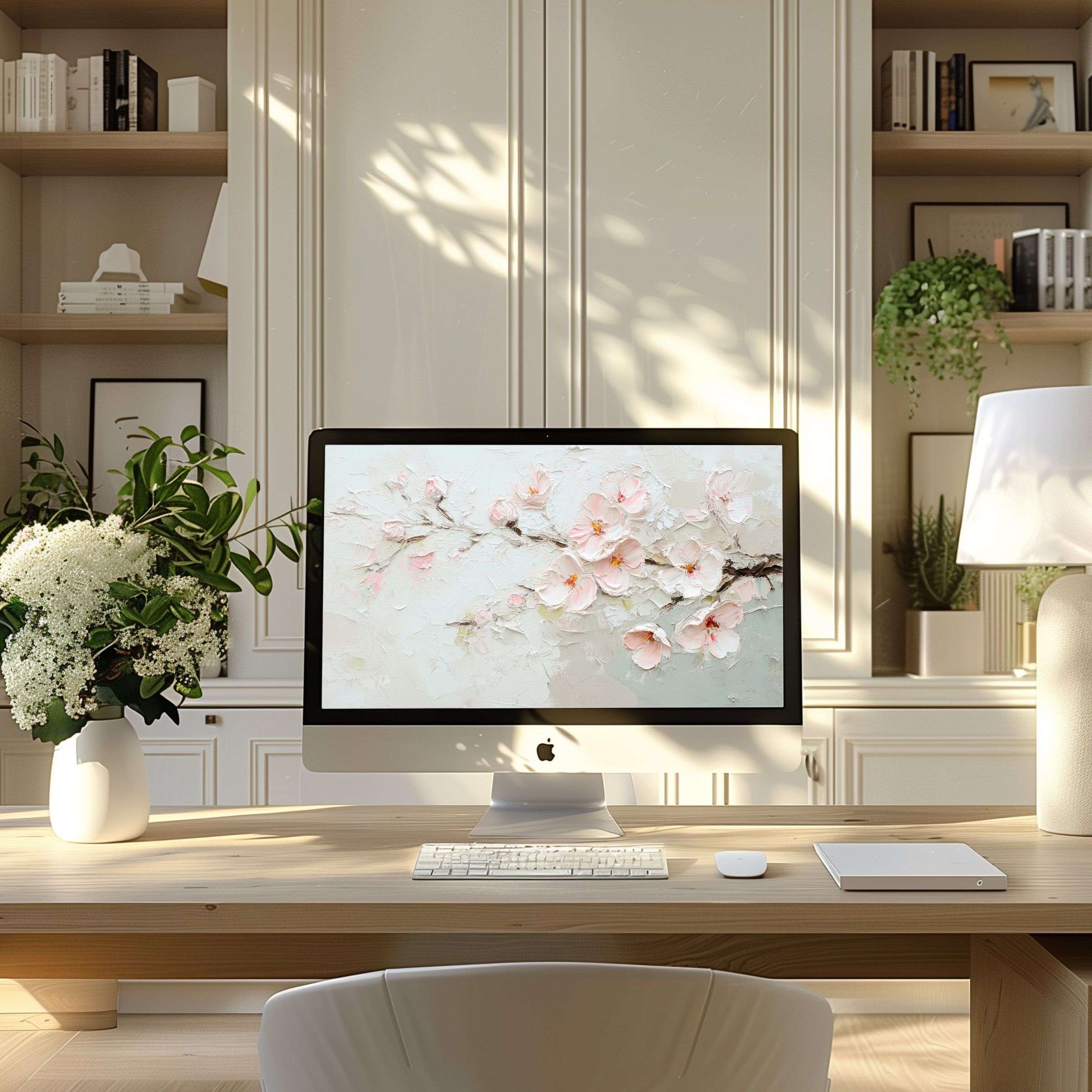 Elegant cherry blossom wallpaper for computer in serene home office setting inspires calm and creativity on PC and Laptop displays