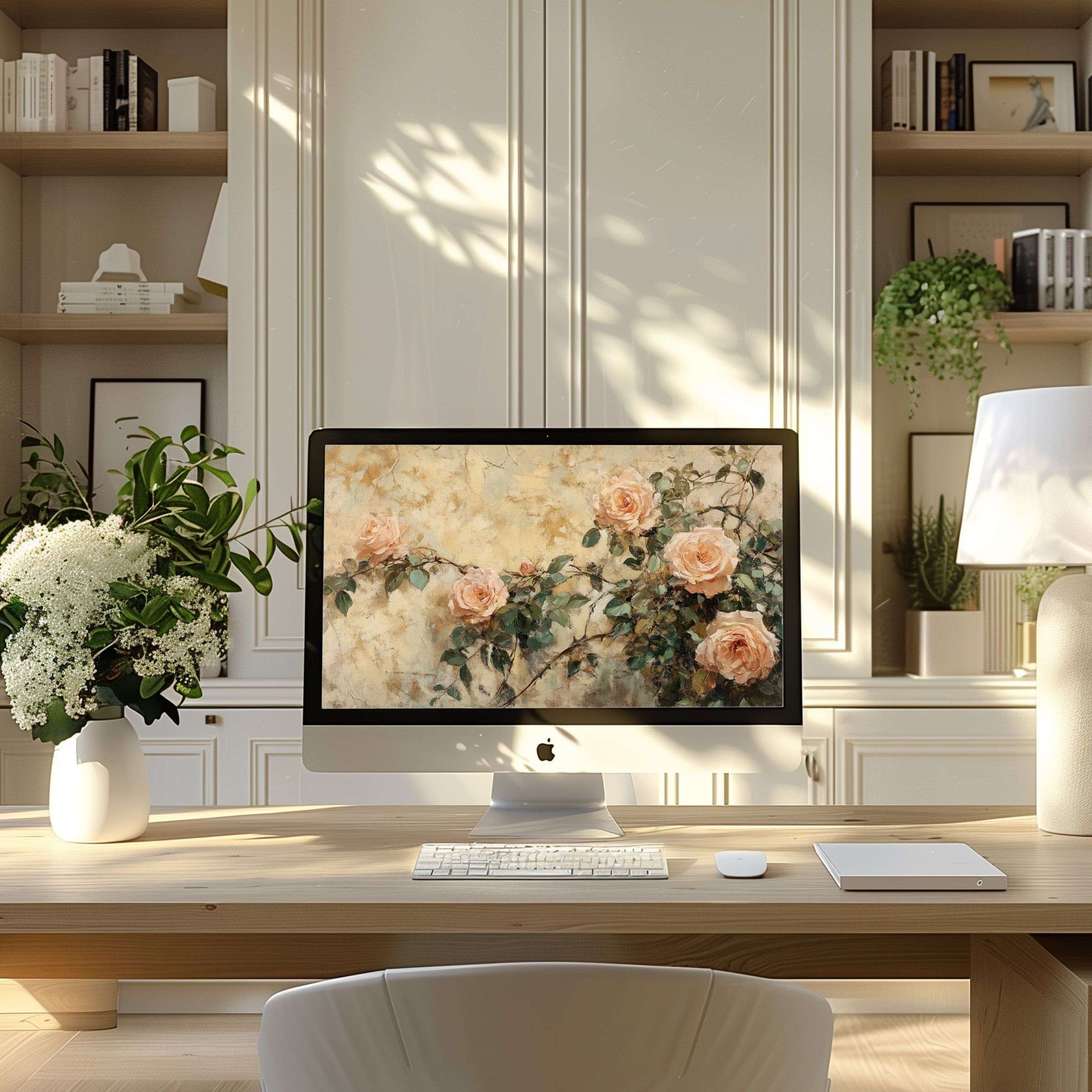 Elegant rose motif wallpaper for computer inspiring calm in a modern home office fits PC, laptop, and ultrawide screens