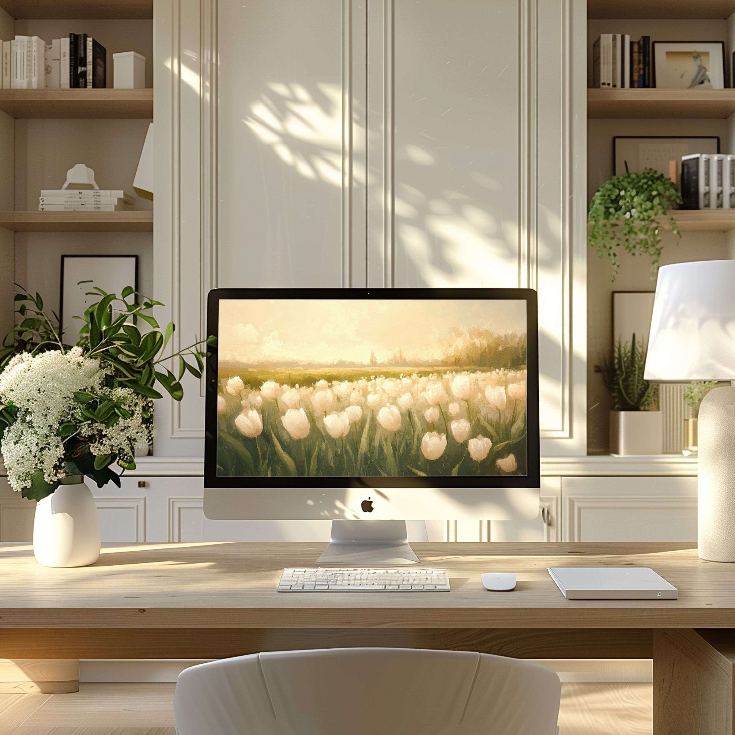 Elegant tulip field wallpaper for computer enhances modern home office with calm, inspiring design fitting PC or laptop screens