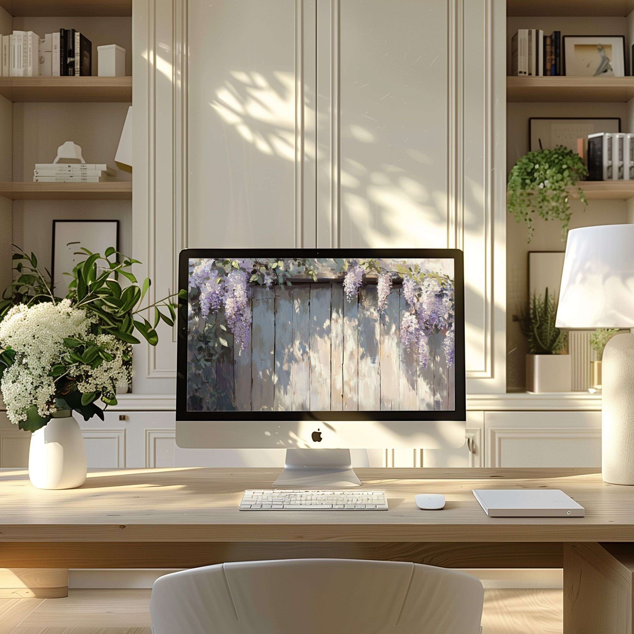 Elegant floral wallpaper for computer enhances a modern home office with calm inspiration, perfect for PC or laptop setups