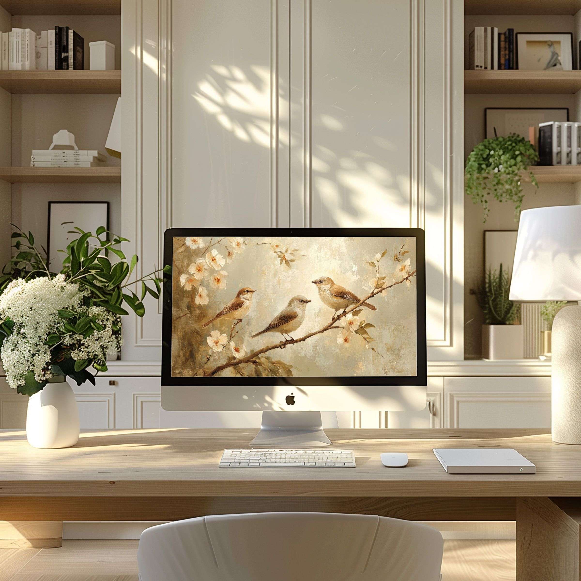 Elegant bird motif wallpaper for computer brings calm inspiration to modern laptop or PC, ideal for ultrawide digital download