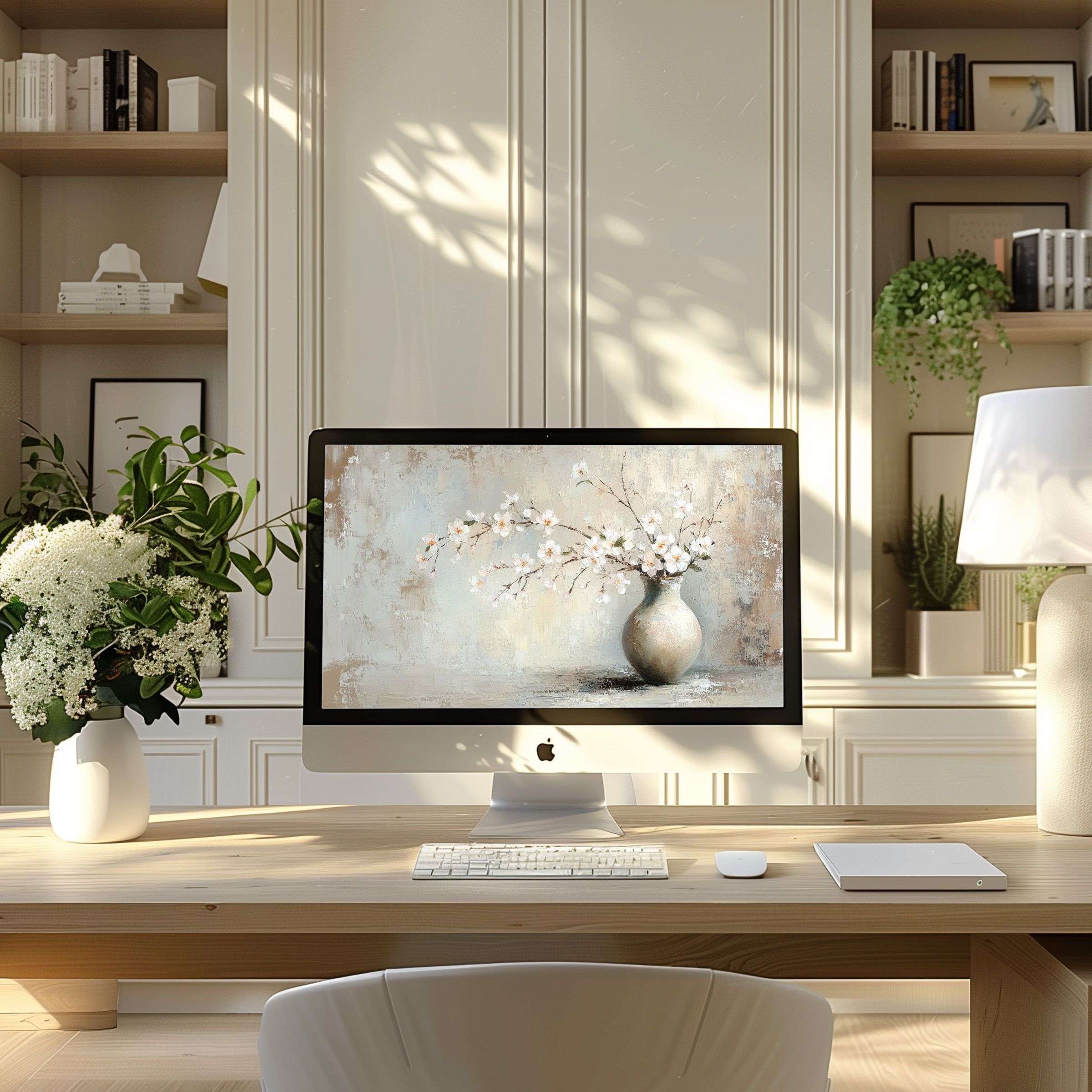 Elegant blossom art wallpaper for computer, perfect for PC or laptop, enhances home office with calming inspiration and style